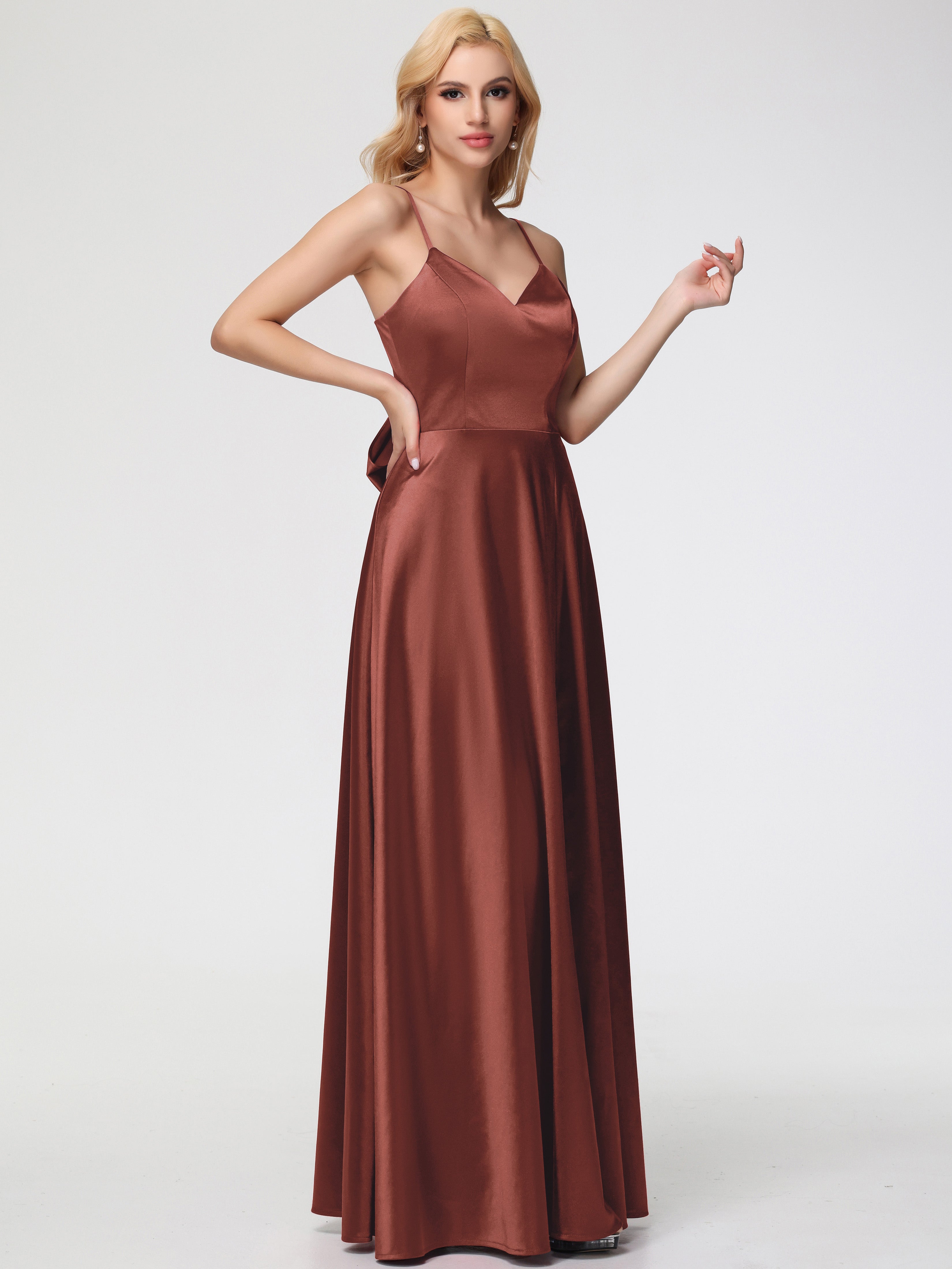 Robe Demoiselle D Honneur Terra Cotta Col V Trapèze Fendue Satin Extensible Robe De Demoiselle D'Honneur Robe à Lacets