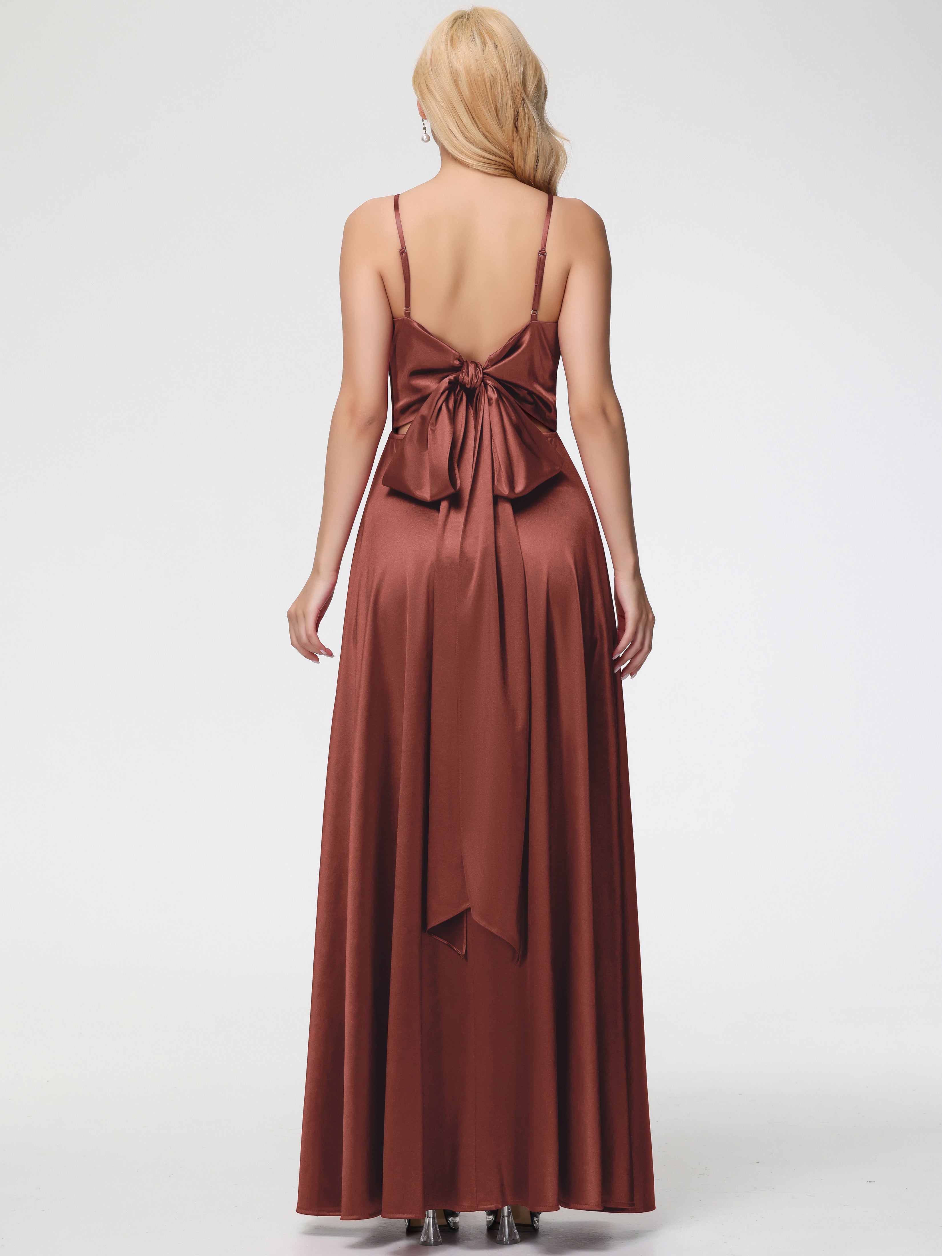 Robe Demoiselle D Honneur Terra Cotta Col V Trapèze Fendue Satin Extensible Robe De Demoiselle D'Honneur Robe à Lacets