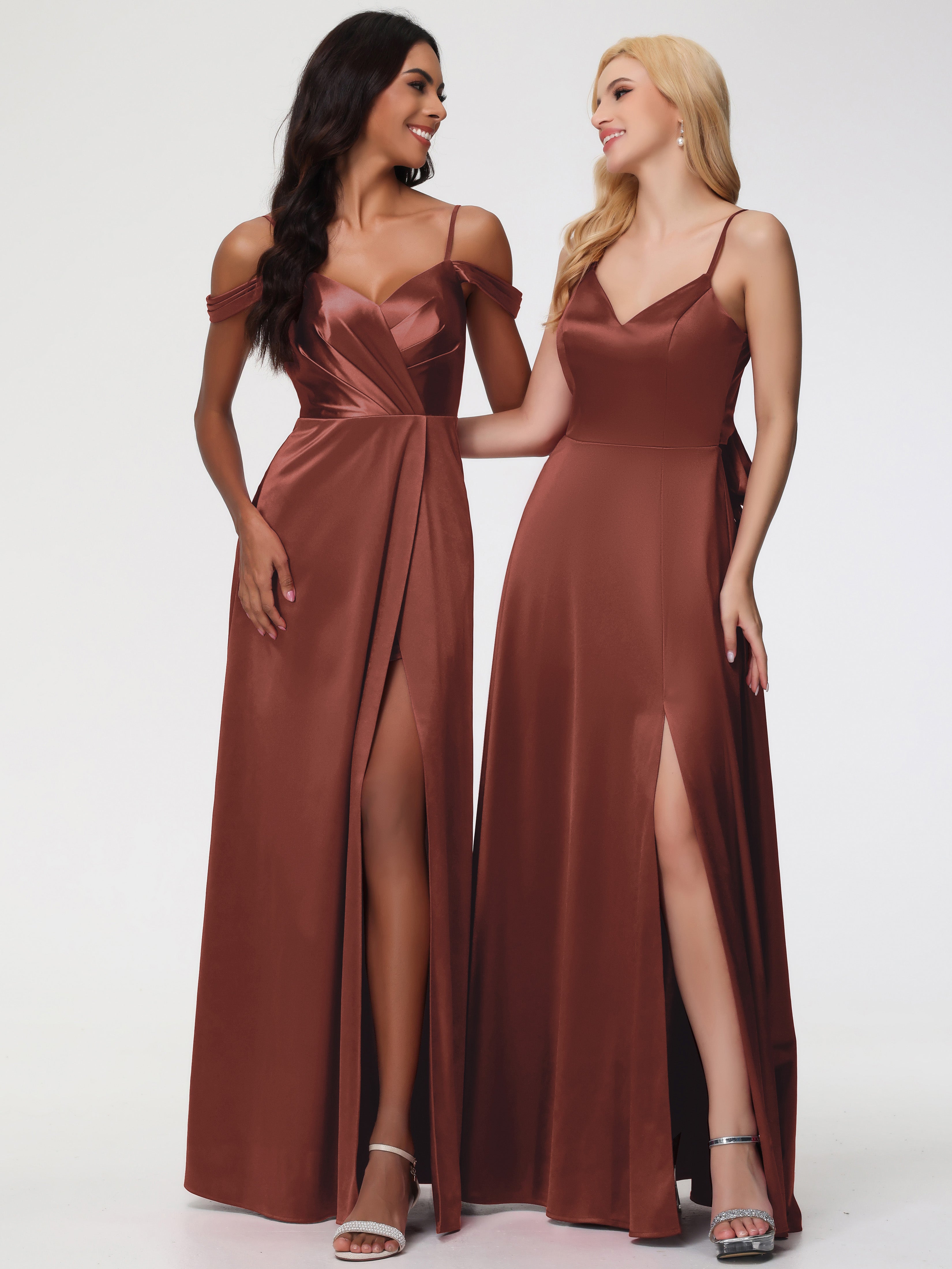 Robe Demoiselle D Honneur Terra Cotta Col V Trapèze Fendue Satin Extensible Robe De Demoiselle D'Honneur Robe à Lacets
