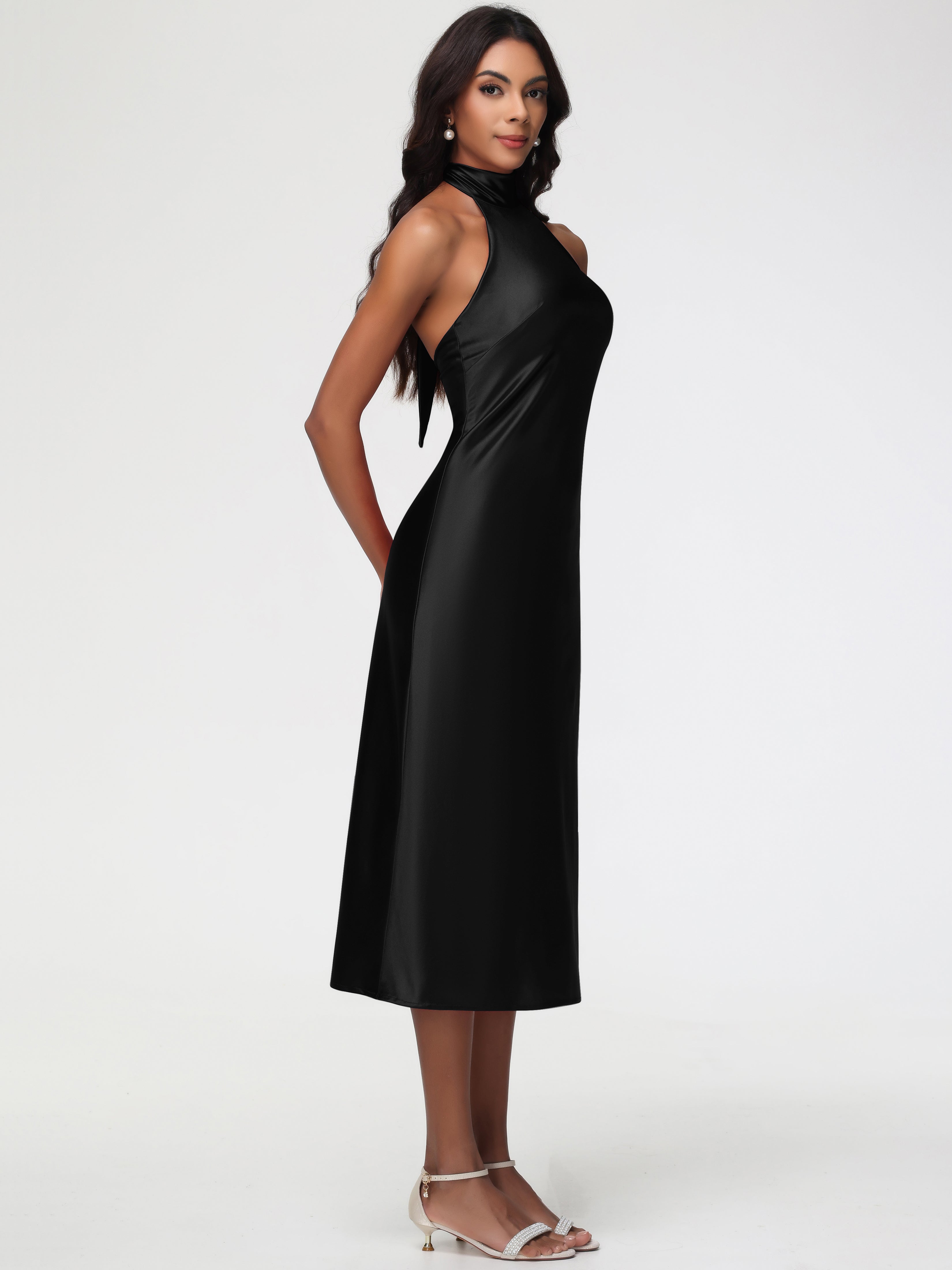 Robes De Demoiselle D'Honneur Noires Licou Satin Extensible Robe Trapèze Demoiselle D'Honneur Mi Longue