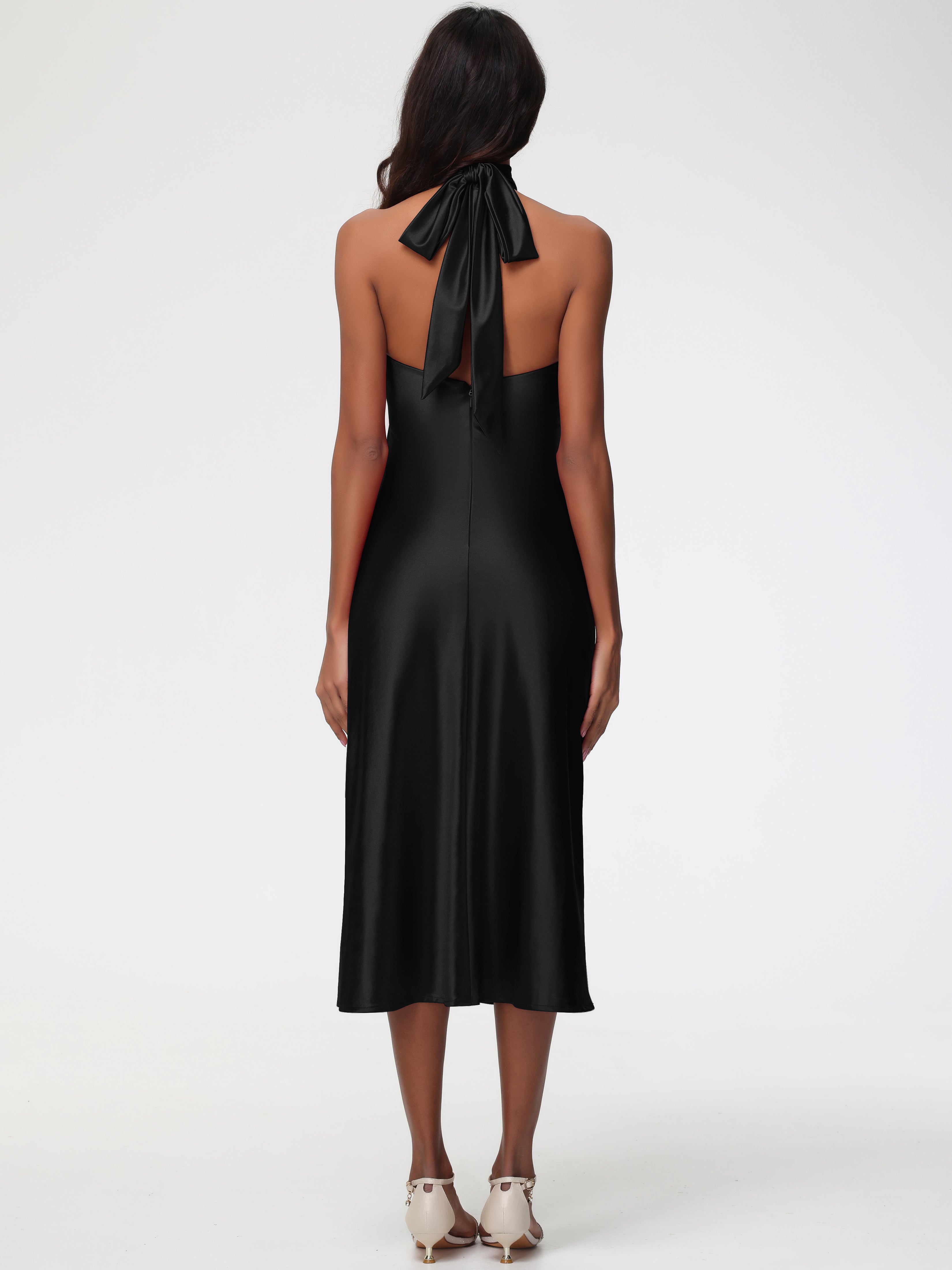 Robes De Demoiselle D'Honneur Noires Licou Satin Extensible Robe Trapèze Demoiselle D'Honneur Mi Longue