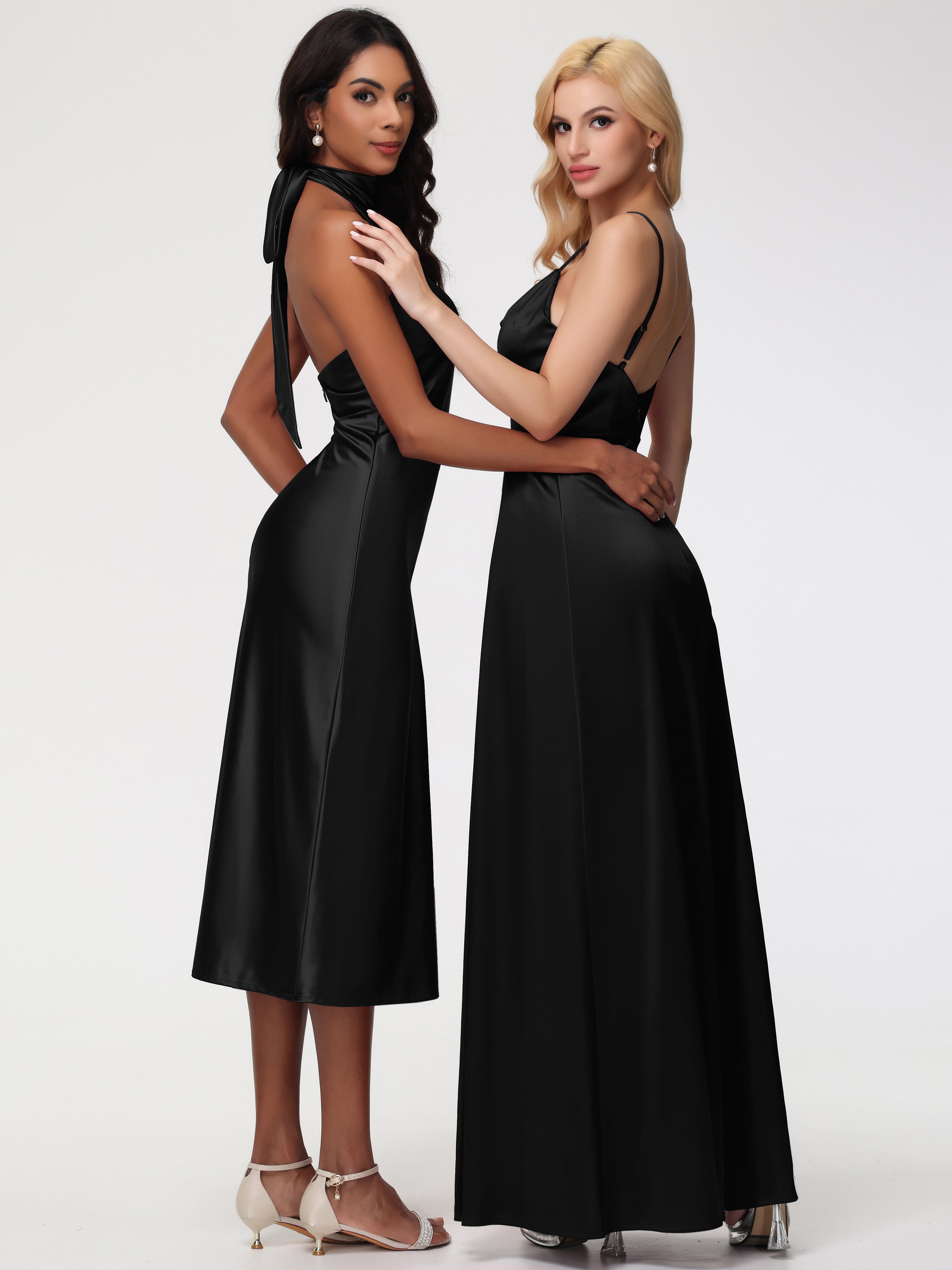 Robes De Demoiselle D'Honneur Noires Licou Satin Extensible Robe Trapèze Demoiselle D'Honneur Mi Longue