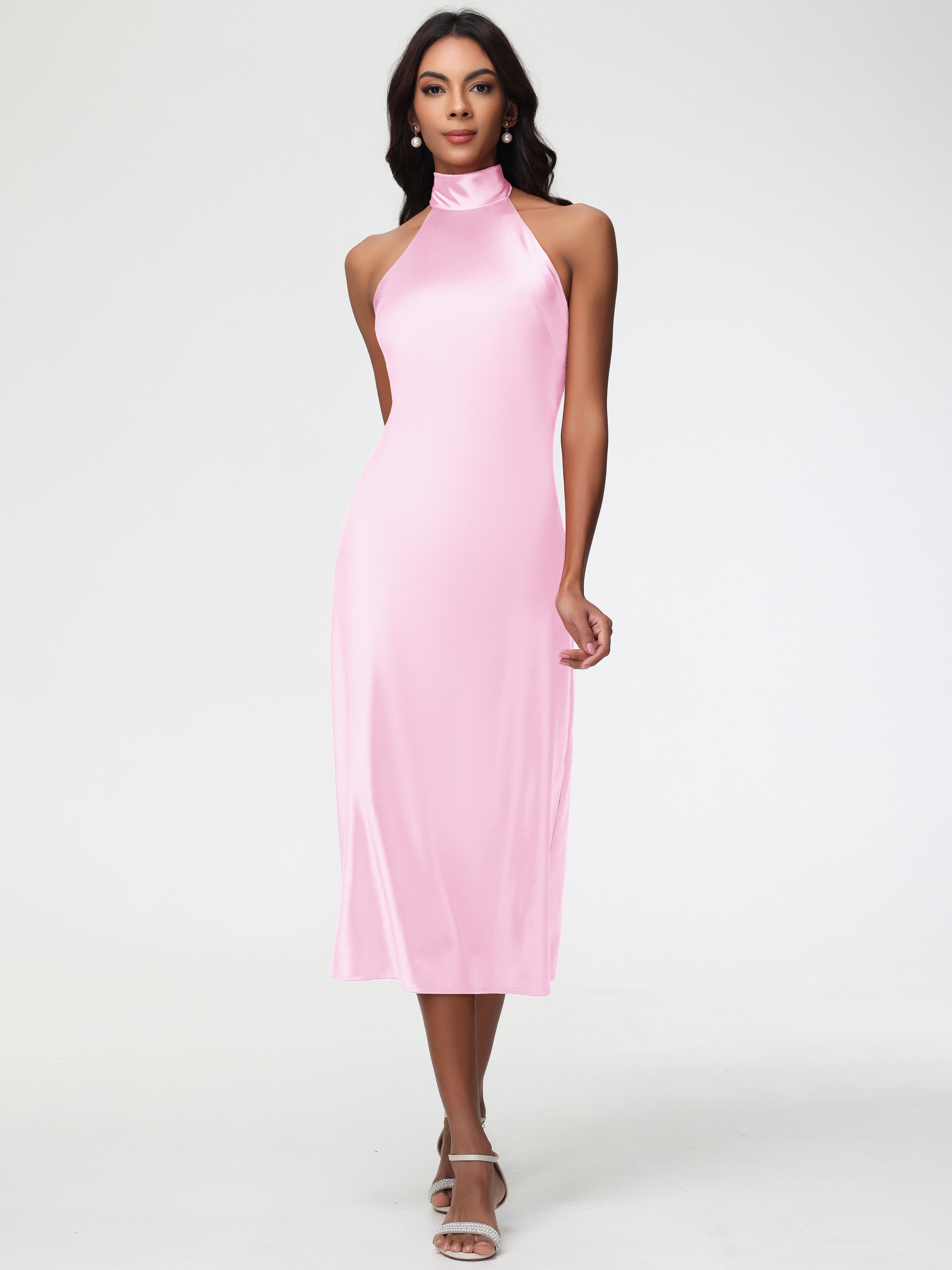 Robe Demoiselle D Honneur Rose Pale Licou Satin Extensible Robe Trapèze Demoiselle D'Honneur Mi Longue