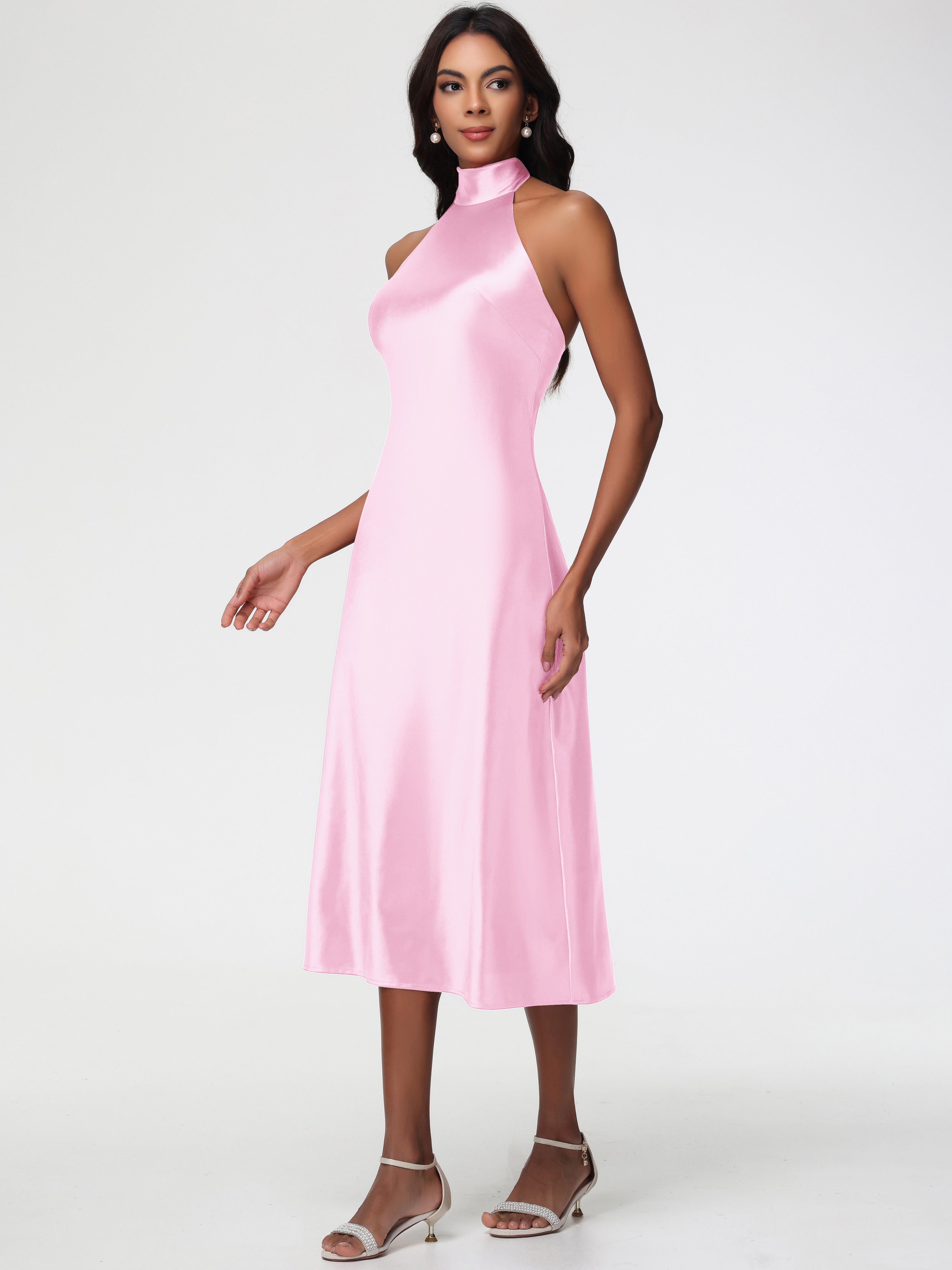 Robe Demoiselle D Honneur Rose Pale Licou Satin Extensible Robe Trapèze Demoiselle D'Honneur Mi Longue