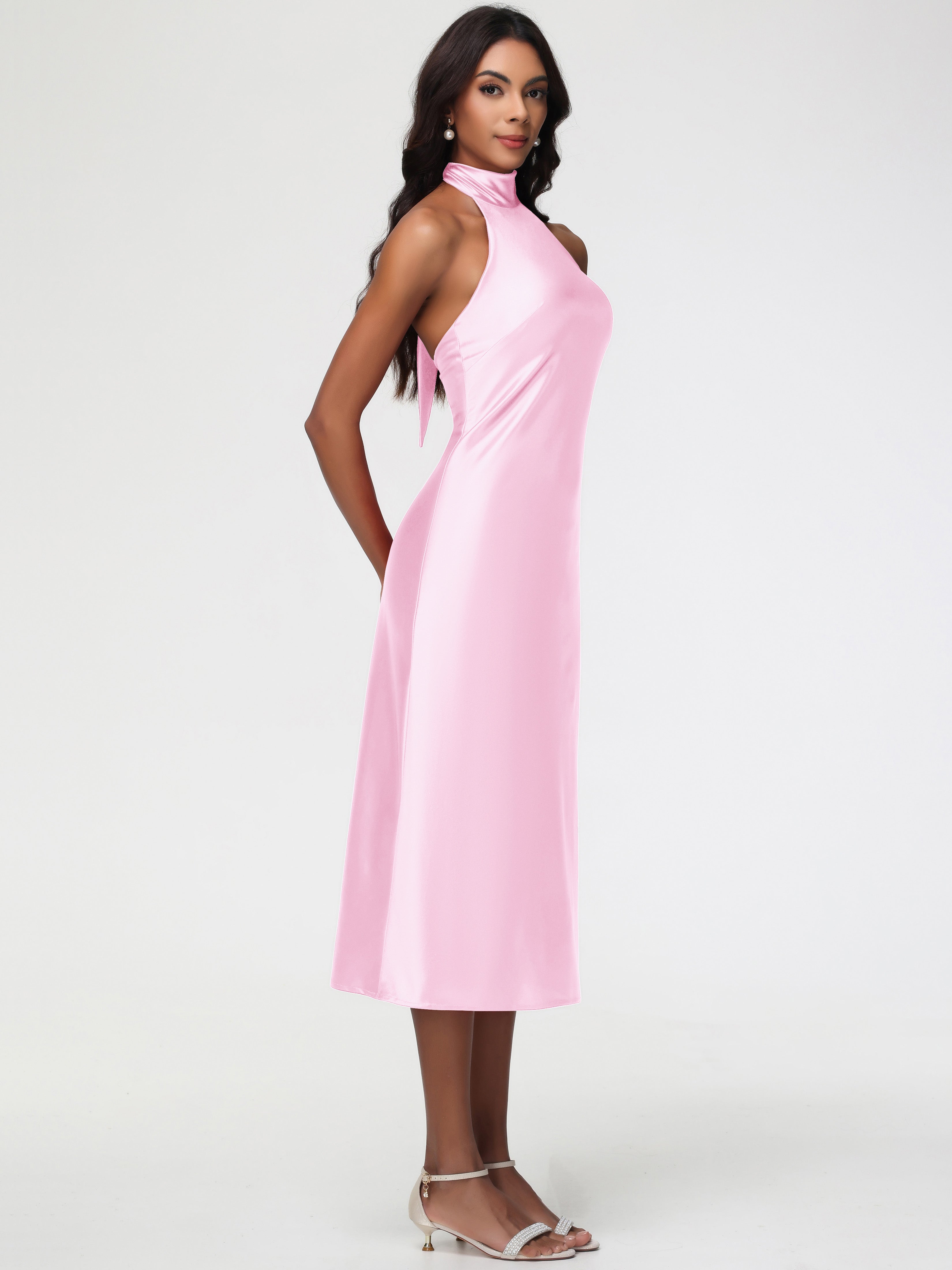 Robe Demoiselle D Honneur Rose Pale Licou Satin Extensible Robe Trapèze Demoiselle D'Honneur Mi Longue