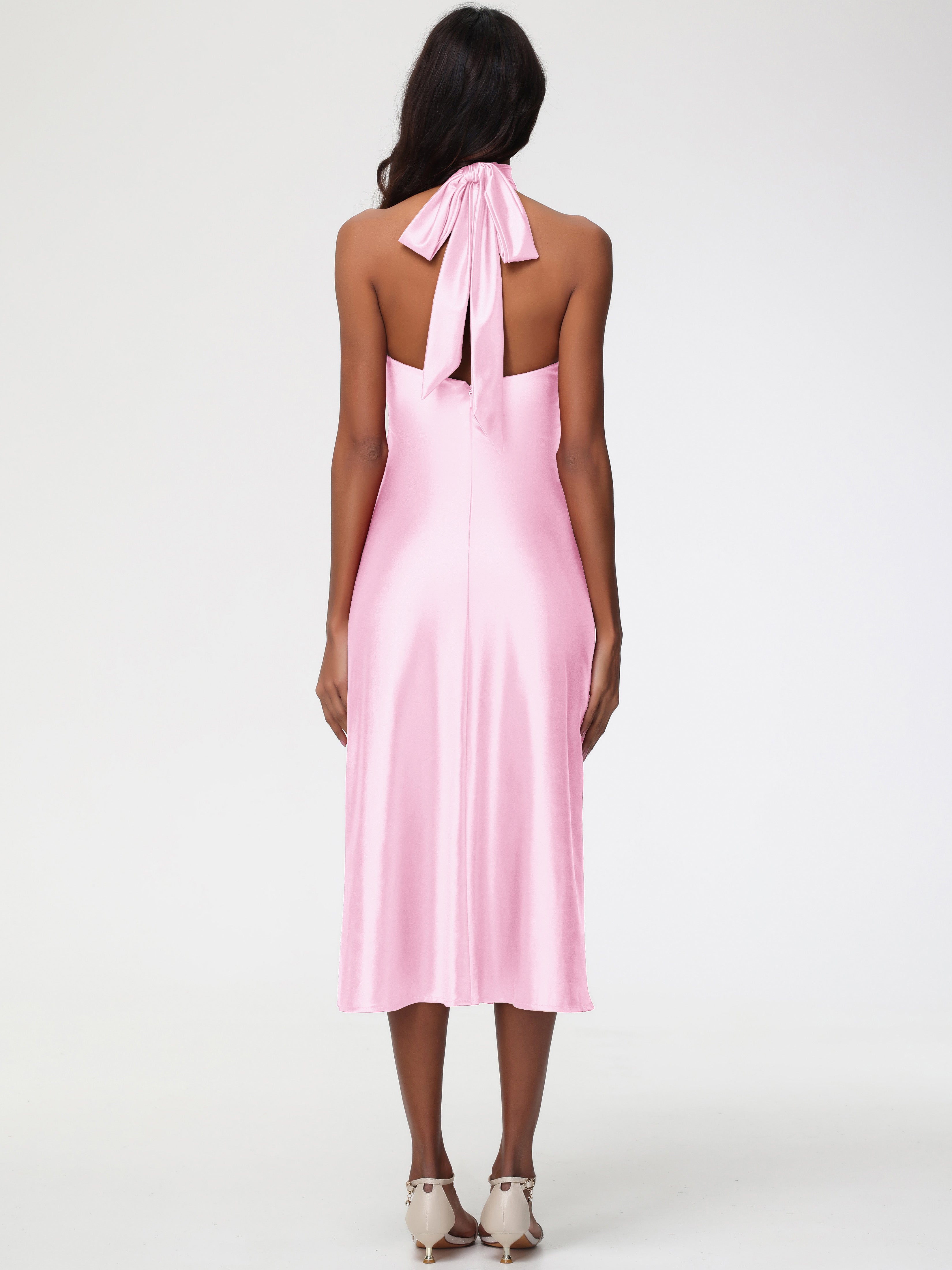 Robe Demoiselle D Honneur Rose Pale Licou Satin Extensible Robe Trapèze Demoiselle D'Honneur Mi Longue