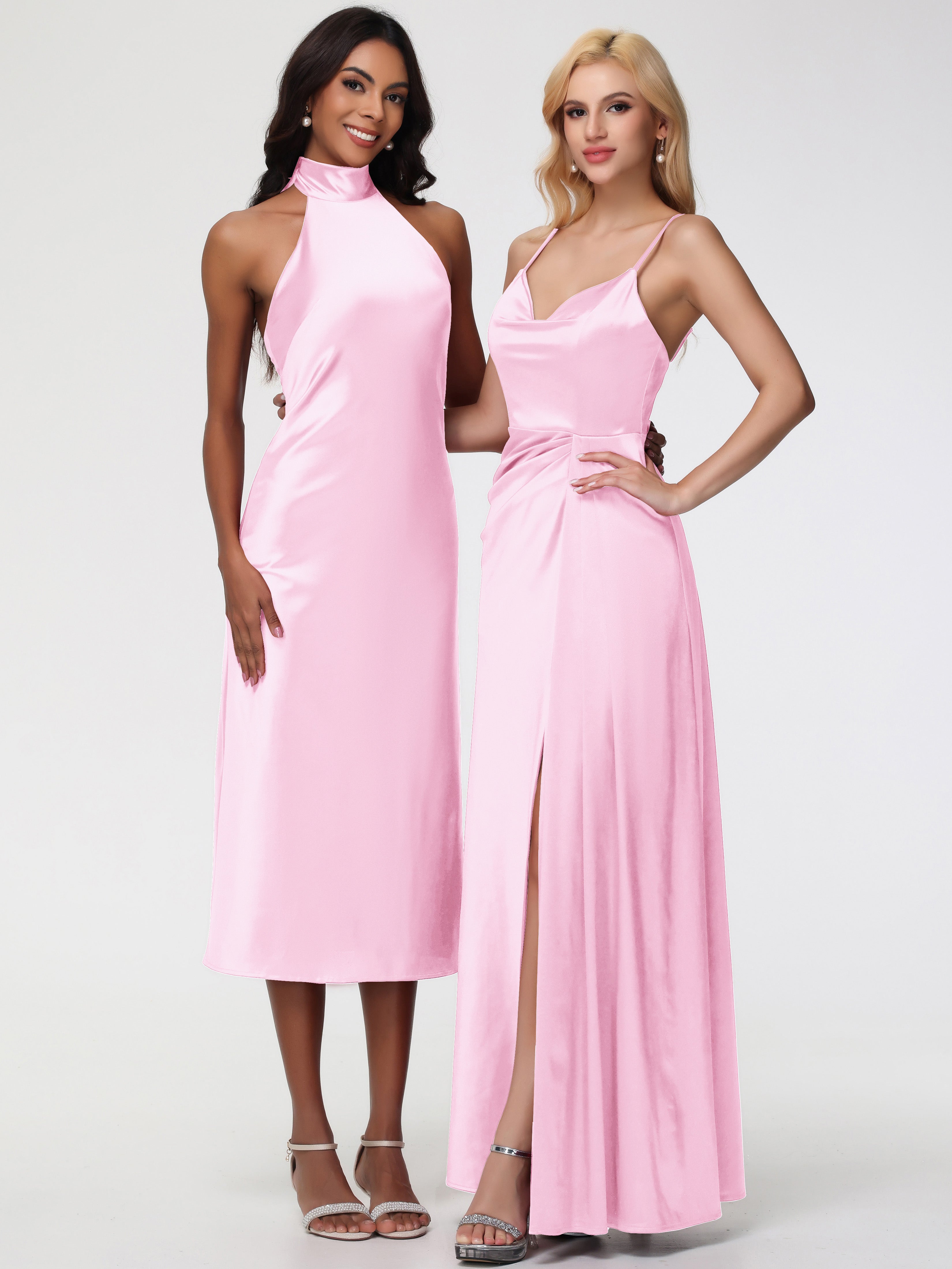 Robe Demoiselle D Honneur Rose Pale Licou Satin Extensible Robe Trapèze Demoiselle D'Honneur Mi Longue