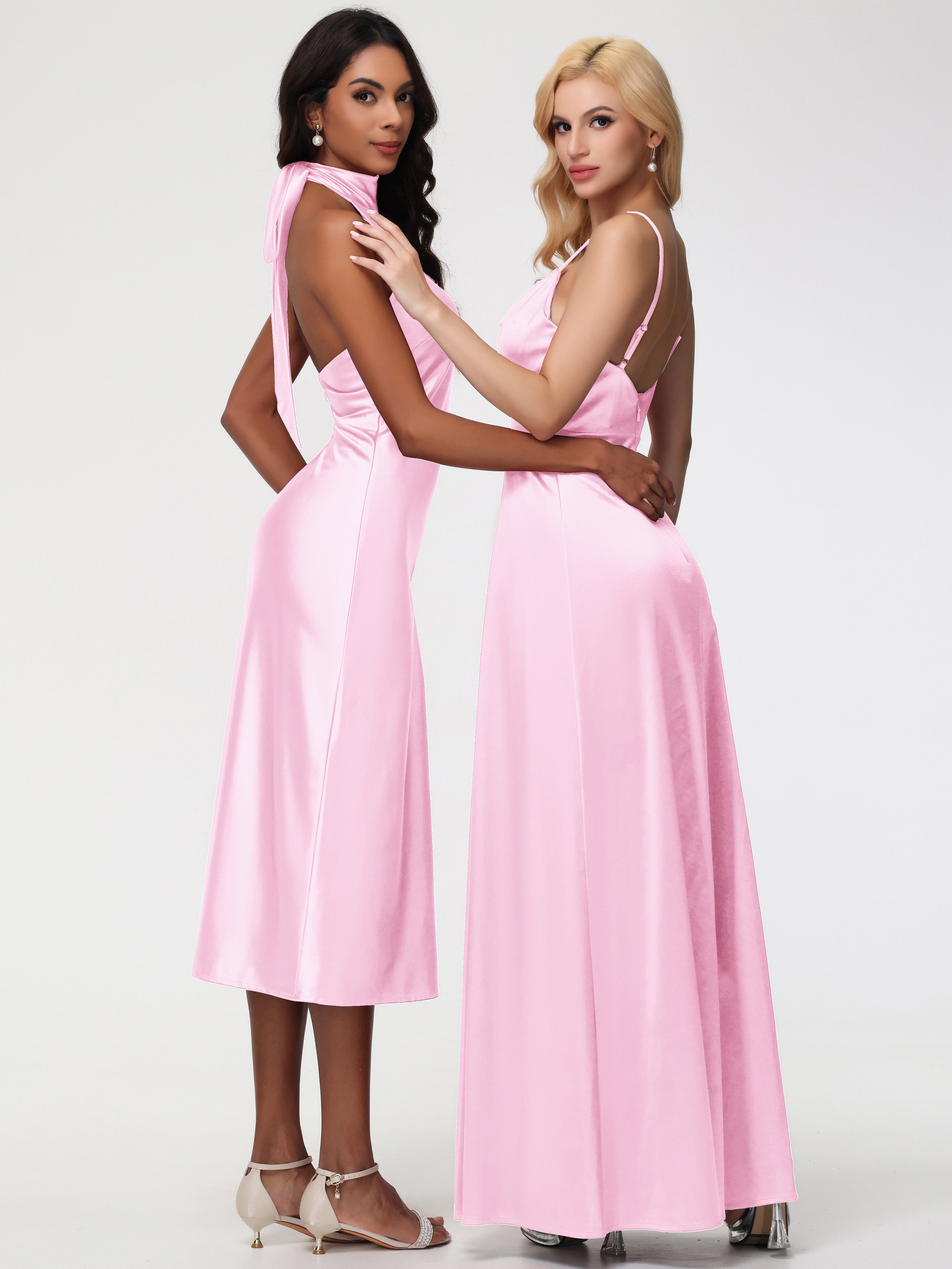 Robe Demoiselle D Honneur Rose Pale Licou Satin Extensible Robe Trapèze Demoiselle D'Honneur Mi Longue