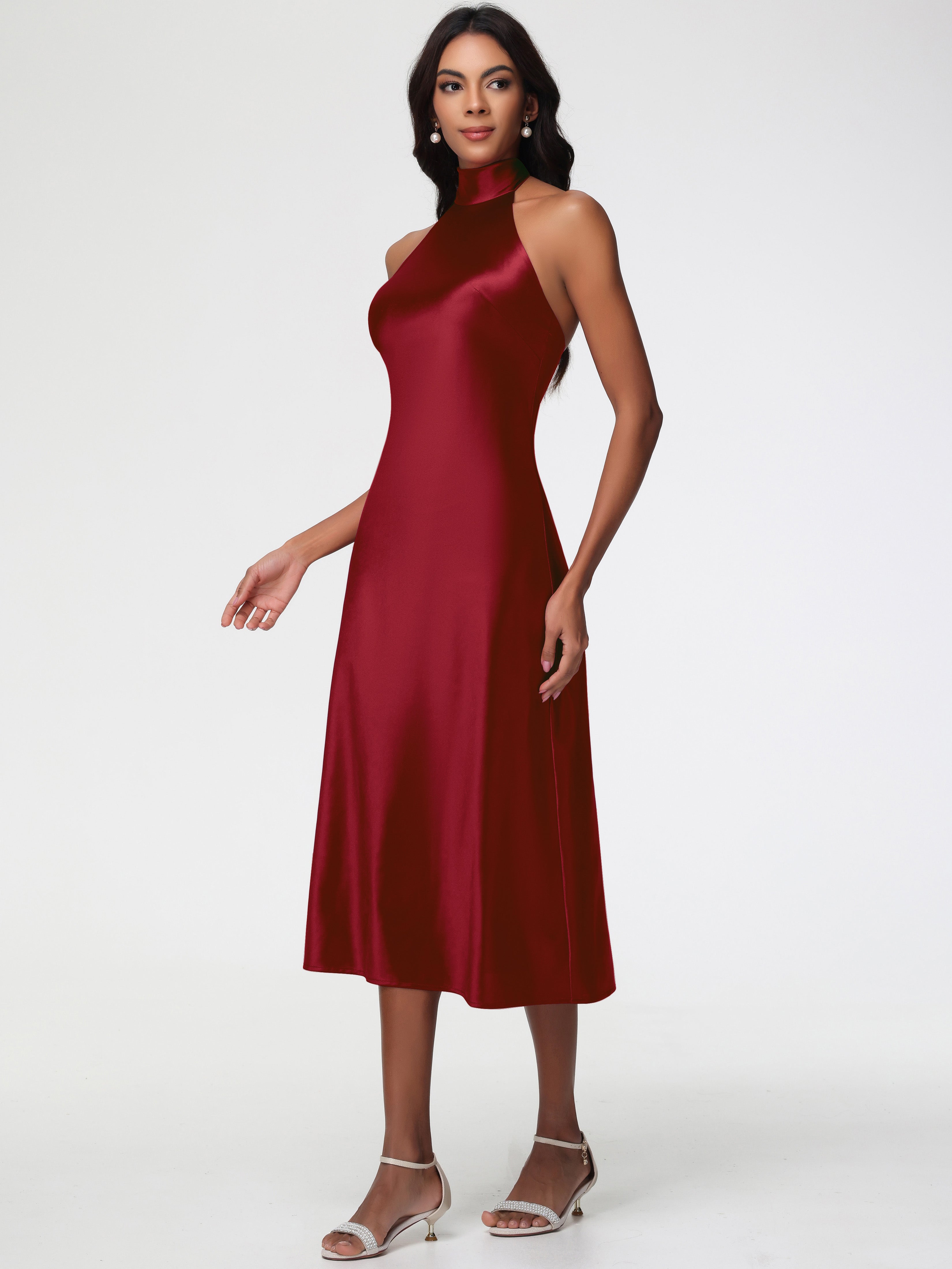 Demoiselle D Honneur Robe Bordeaux Licou Satin Extensible Robe Trapèze Demoiselle D'Honneur Mi Longue