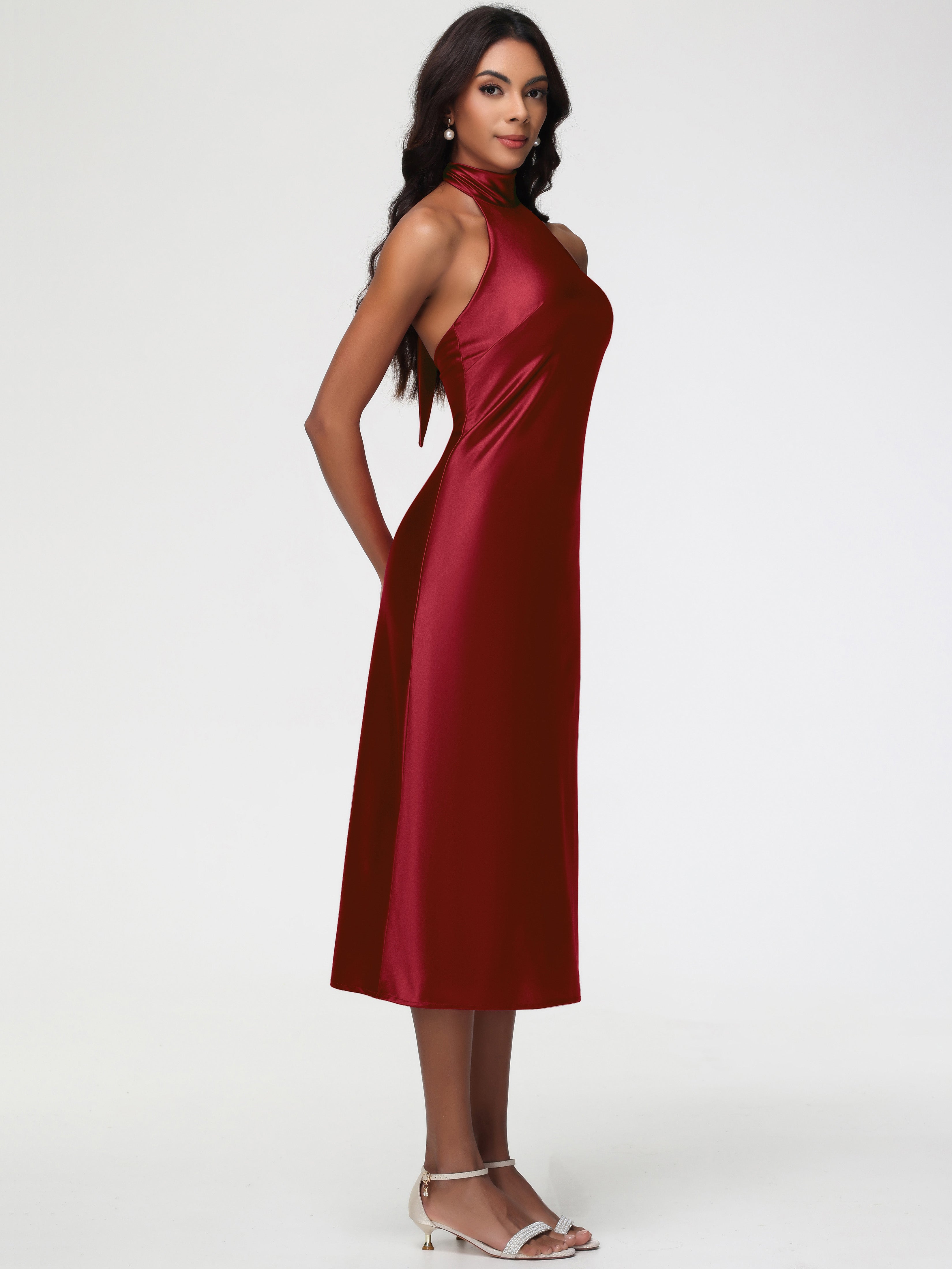 Demoiselle D Honneur Robe Bordeaux Licou Satin Extensible Robe Trapèze Demoiselle D'Honneur Mi Longue