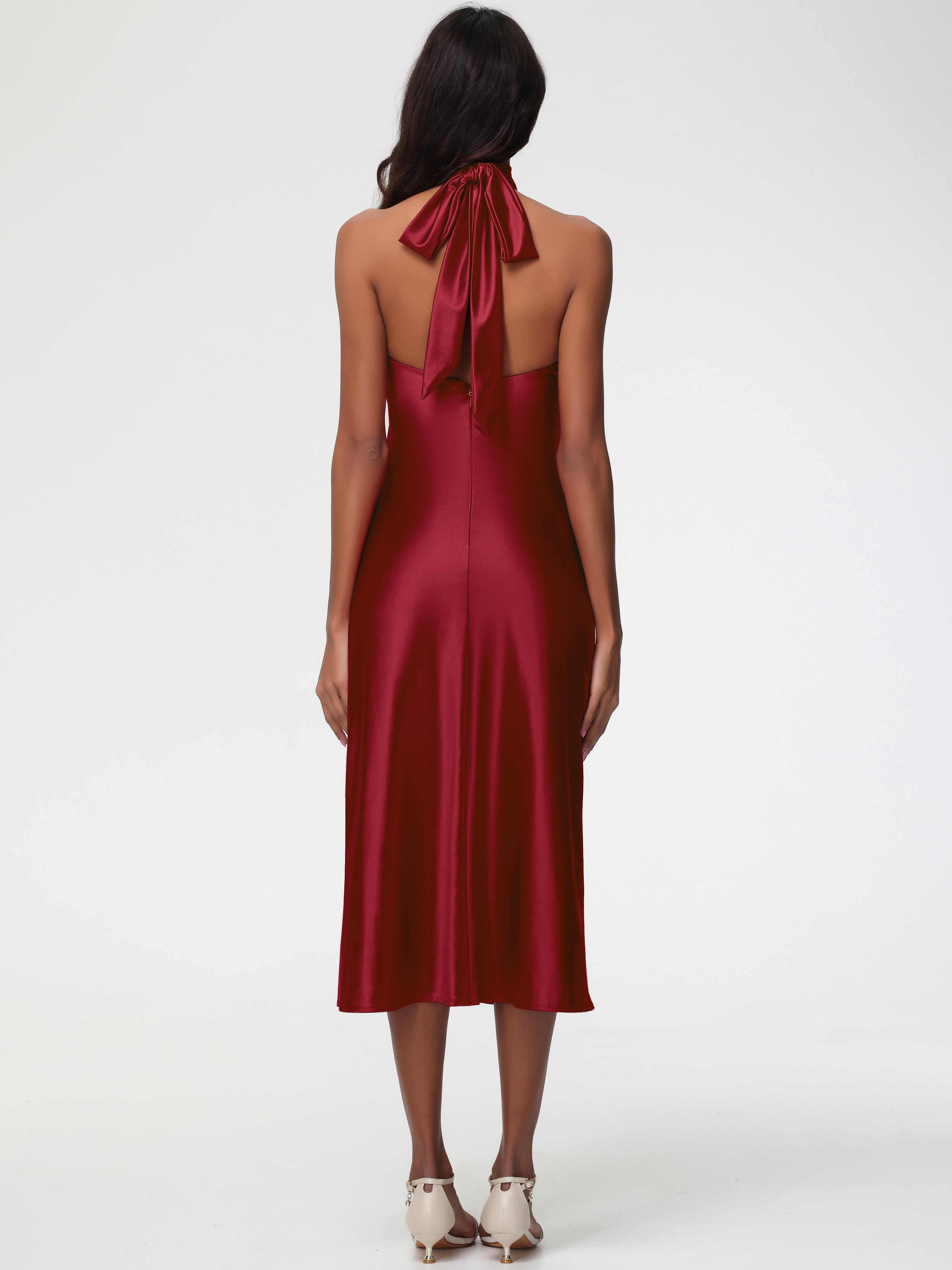 Demoiselle D Honneur Robe Bordeaux Licou Satin Extensible Robe Trapèze Demoiselle D'Honneur Mi Longue