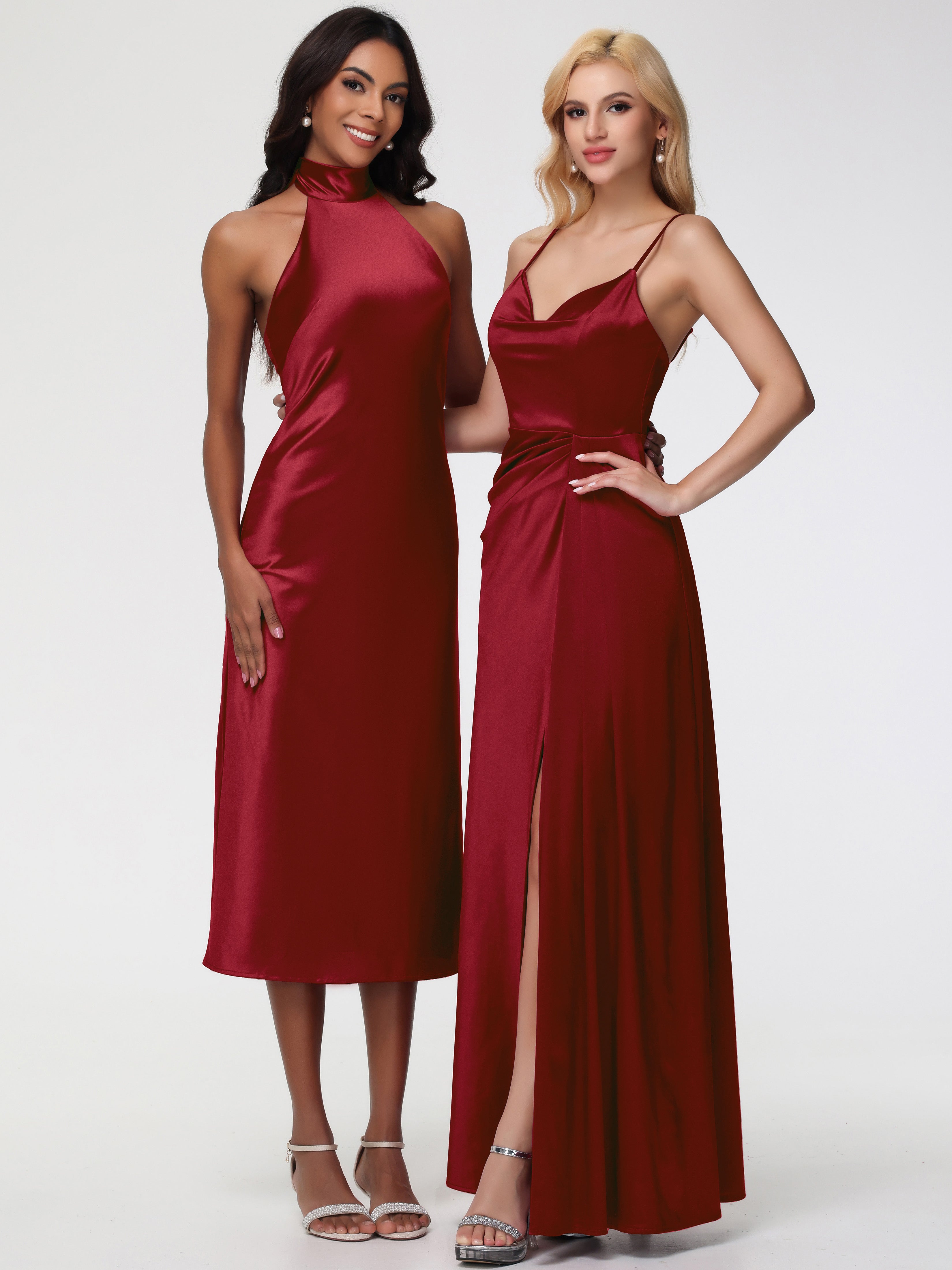 Demoiselle D Honneur Robe Bordeaux Licou Satin Extensible Robe Trapèze Demoiselle D'Honneur Mi Longue
