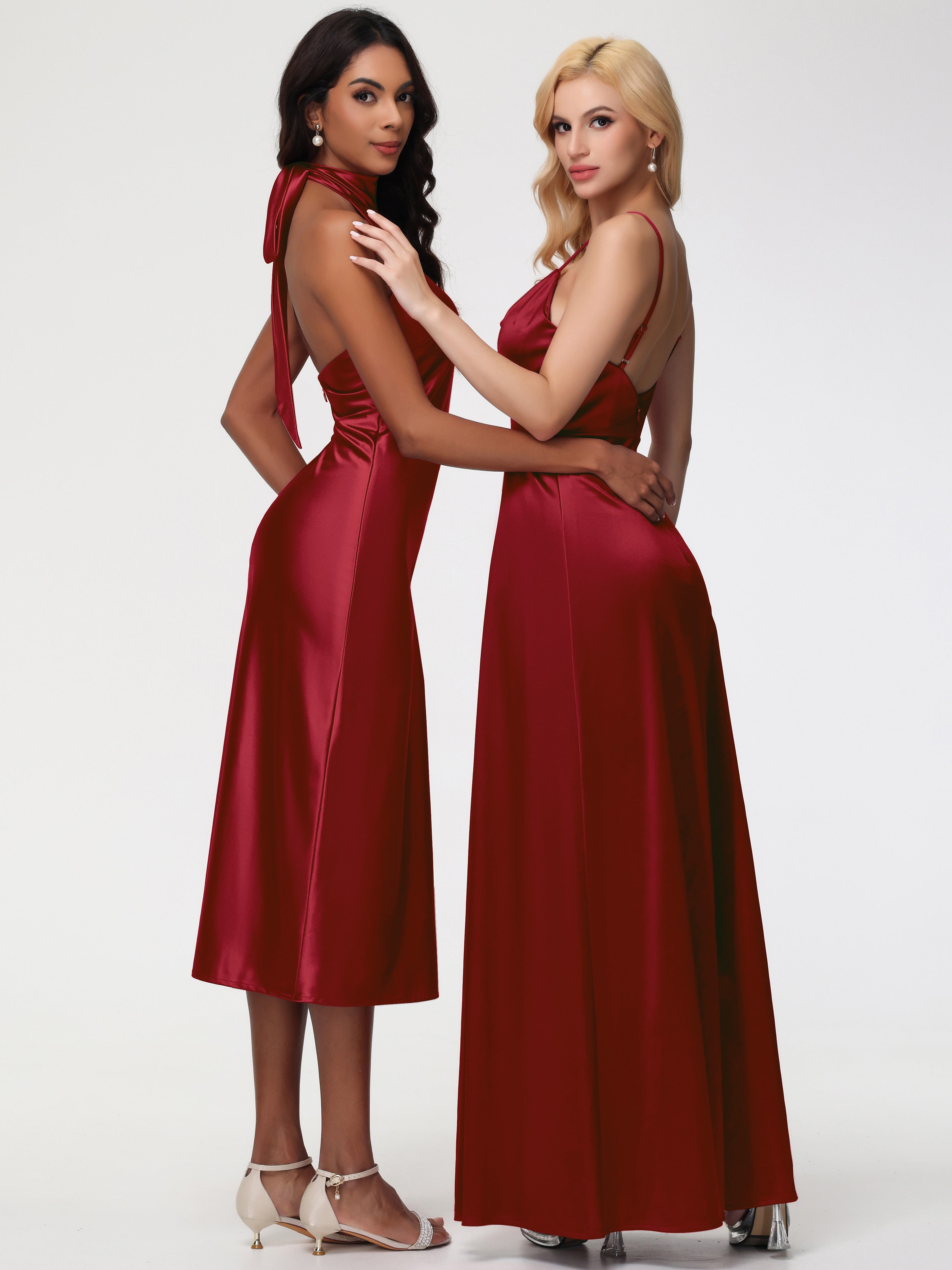 Demoiselle D Honneur Robe Bordeaux Licou Satin Extensible Robe Trapèze Demoiselle D'Honneur Mi Longue