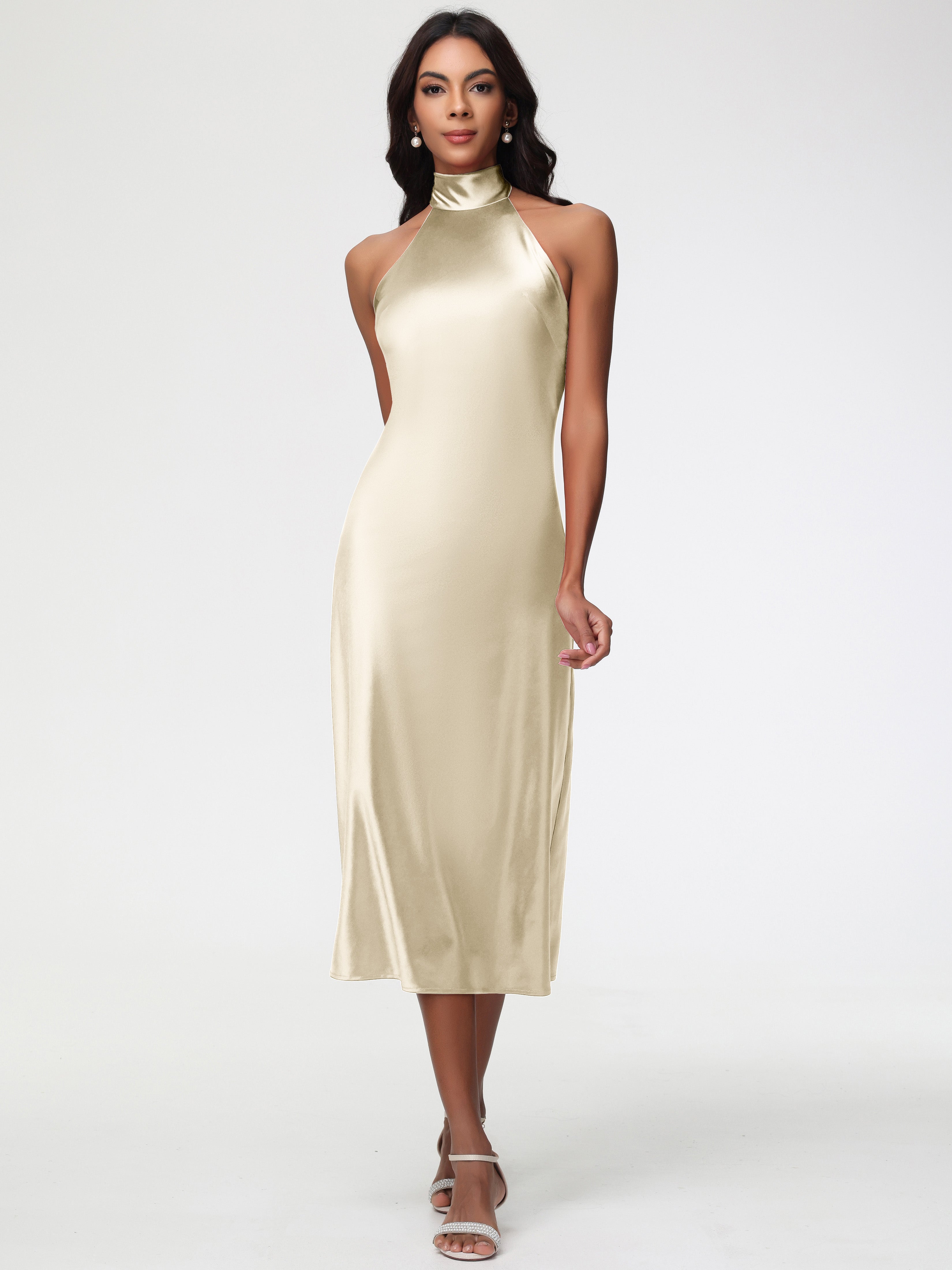 Robes De Demoiselle D'Honneur Champagne Licou Satin Extensible Robe Trapèze Demoiselle D'Honneur Mi Longue