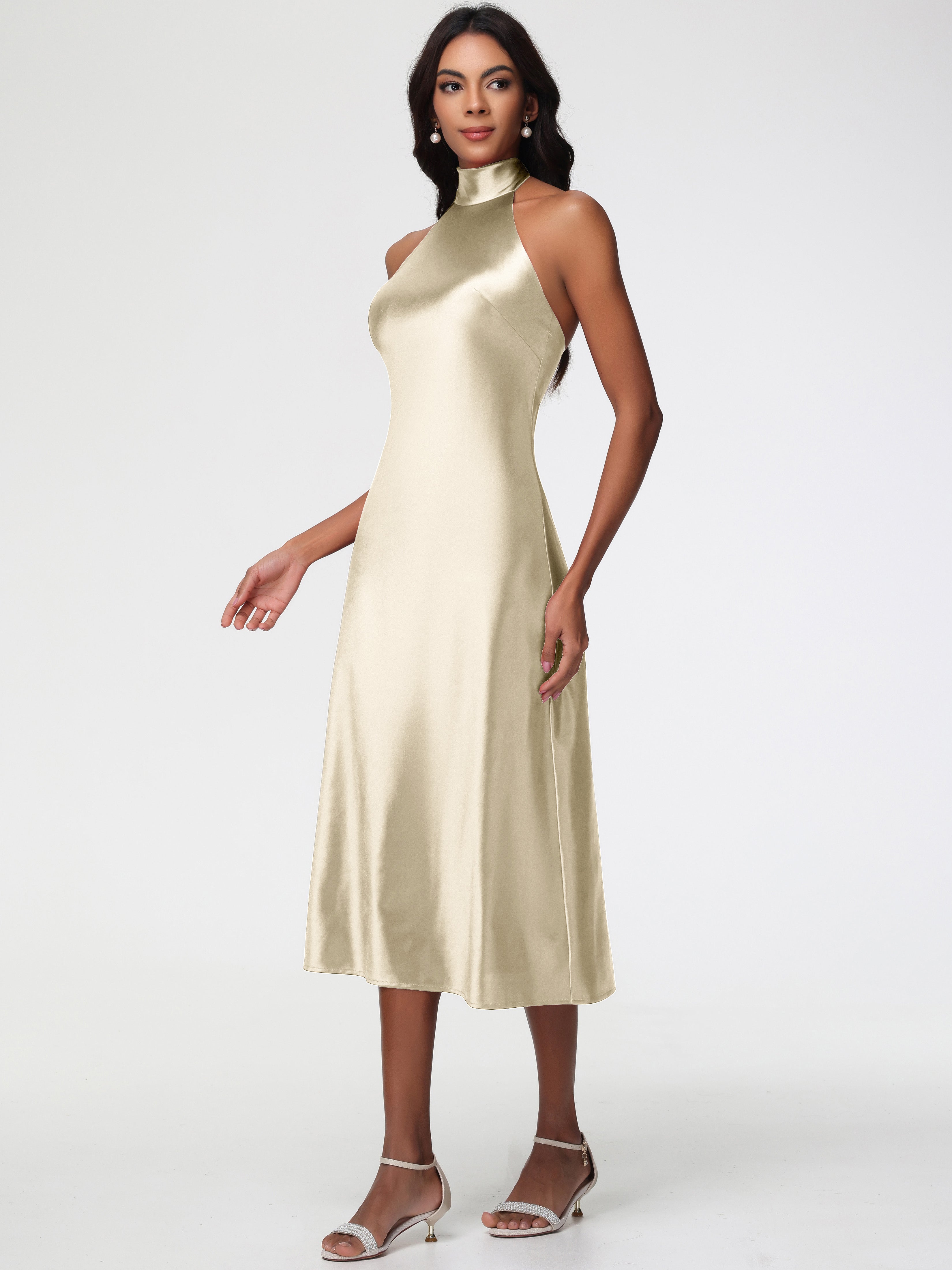 Robes De Demoiselle D'Honneur Champagne Licou Satin Extensible Robe Trapèze Demoiselle D'Honneur Mi Longue