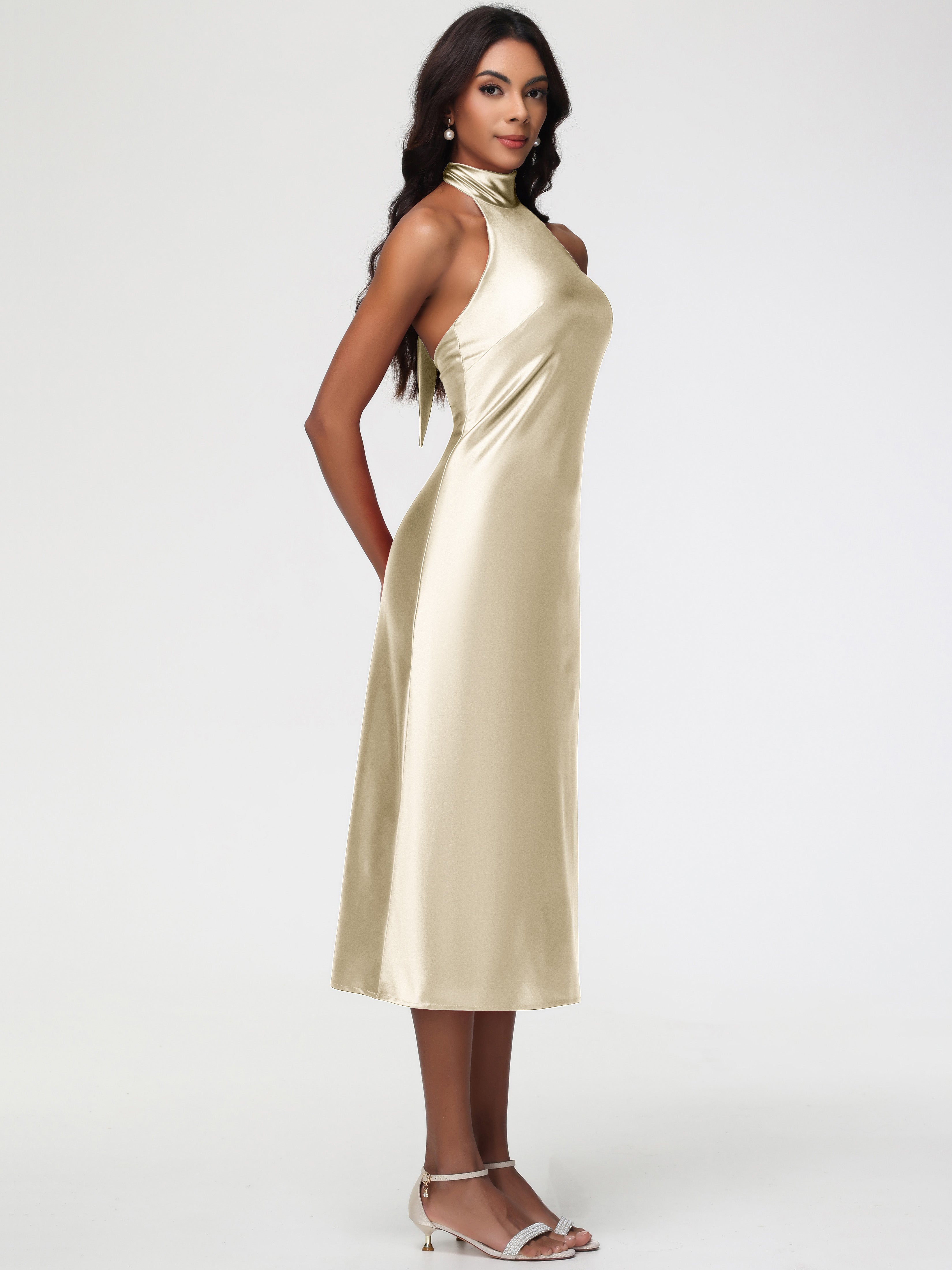 Robes De Demoiselle D'Honneur Champagne Licou Satin Extensible Robe Trapèze Demoiselle D'Honneur Mi Longue