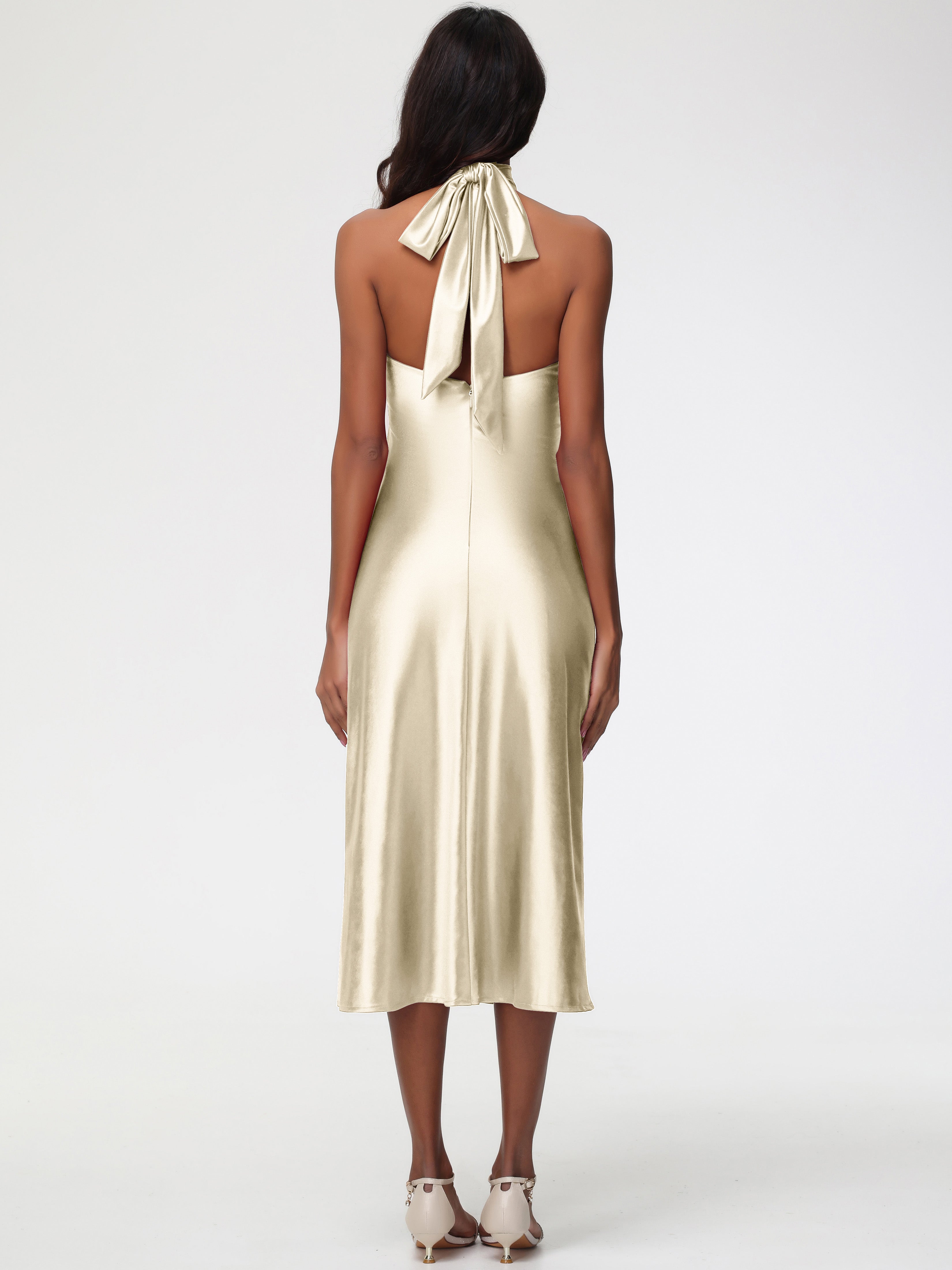 Robes De Demoiselle D'Honneur Champagne Licou Satin Extensible Robe Trapèze Demoiselle D'Honneur Mi Longue