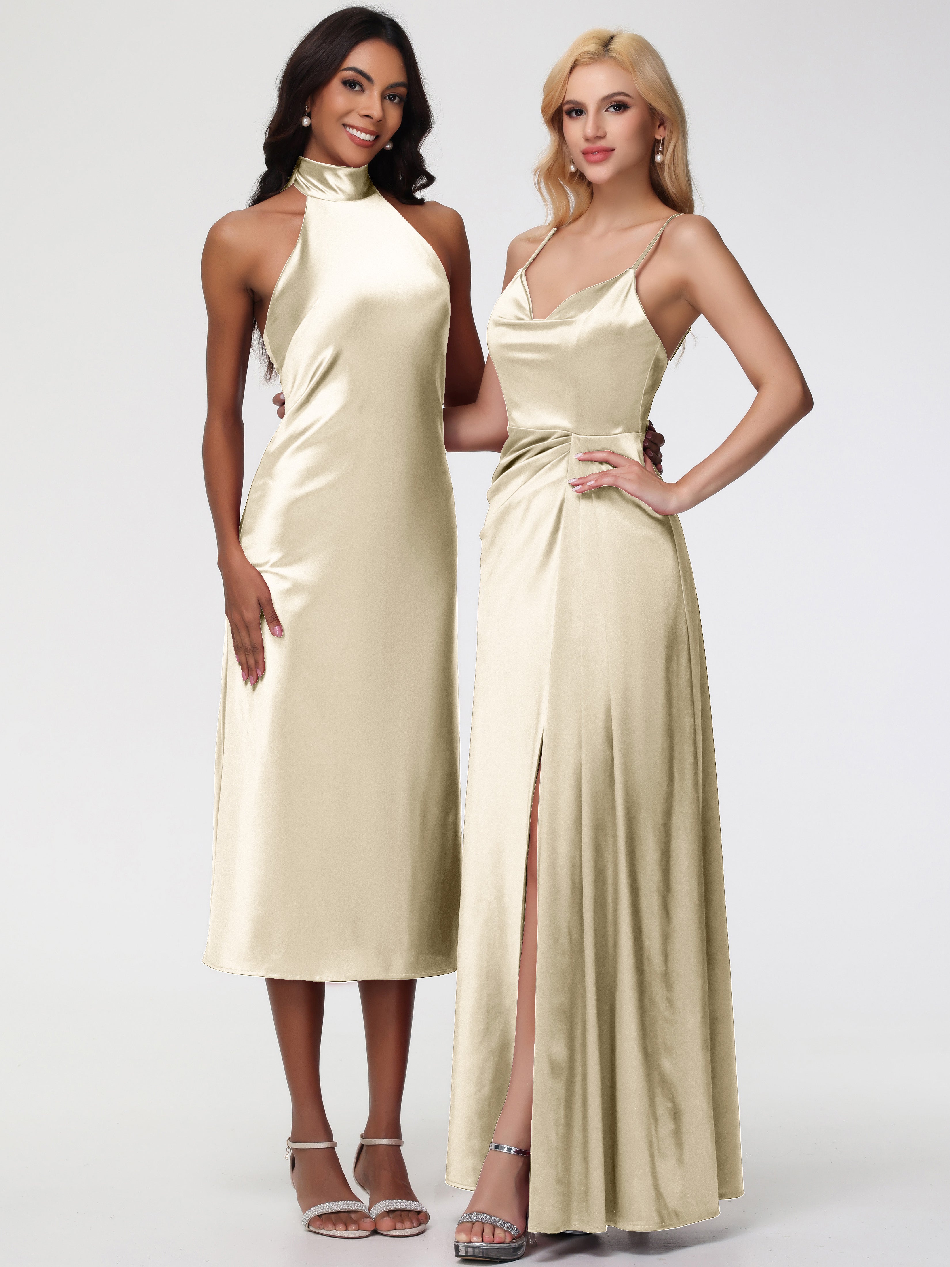 Robes De Demoiselle D'Honneur Champagne Licou Satin Extensible Robe Trapèze Demoiselle D'Honneur Mi Longue