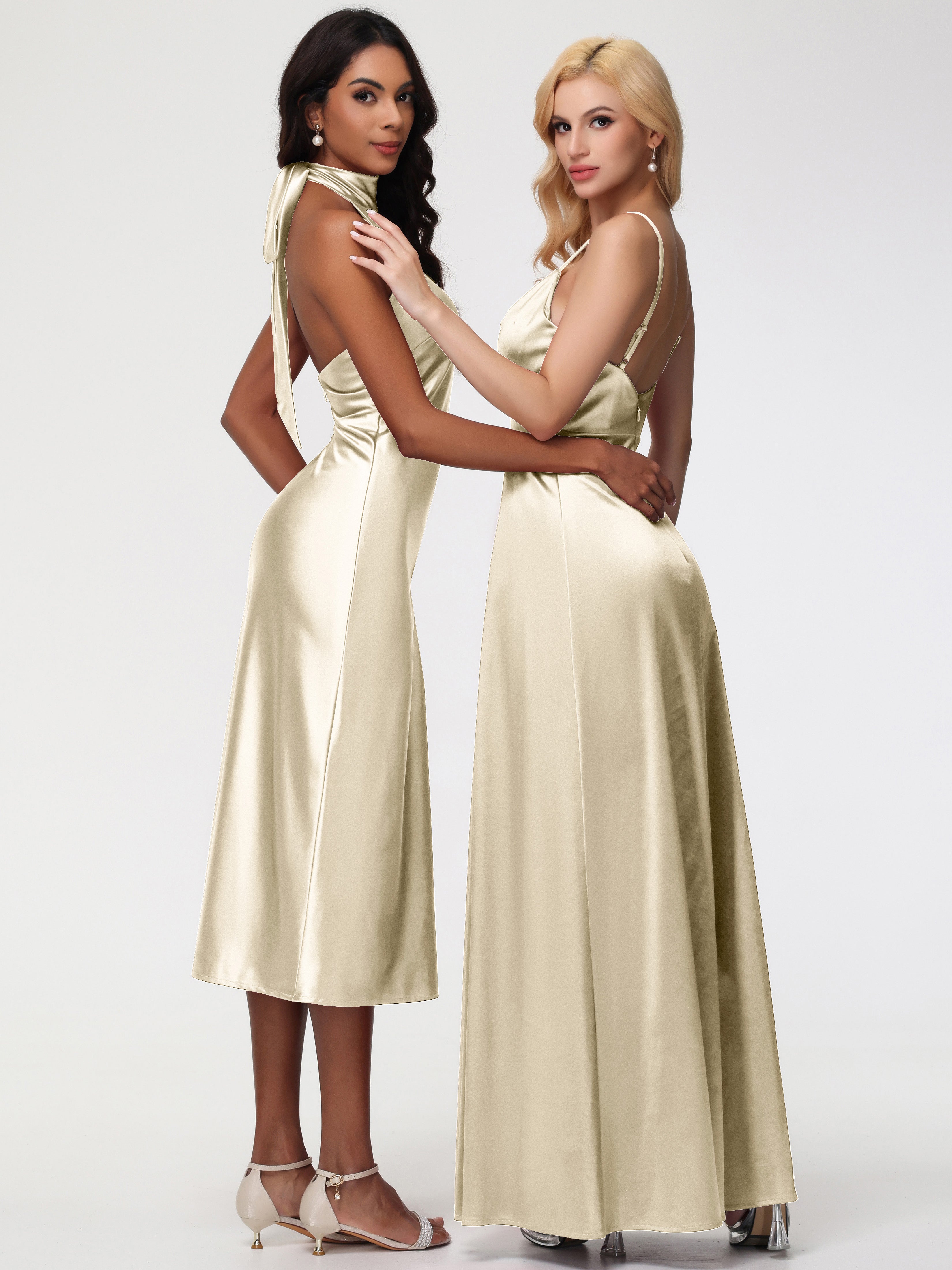 Robes De Demoiselle D'Honneur Champagne Licou Satin Extensible Robe Trapèze Demoiselle D'Honneur Mi Longue