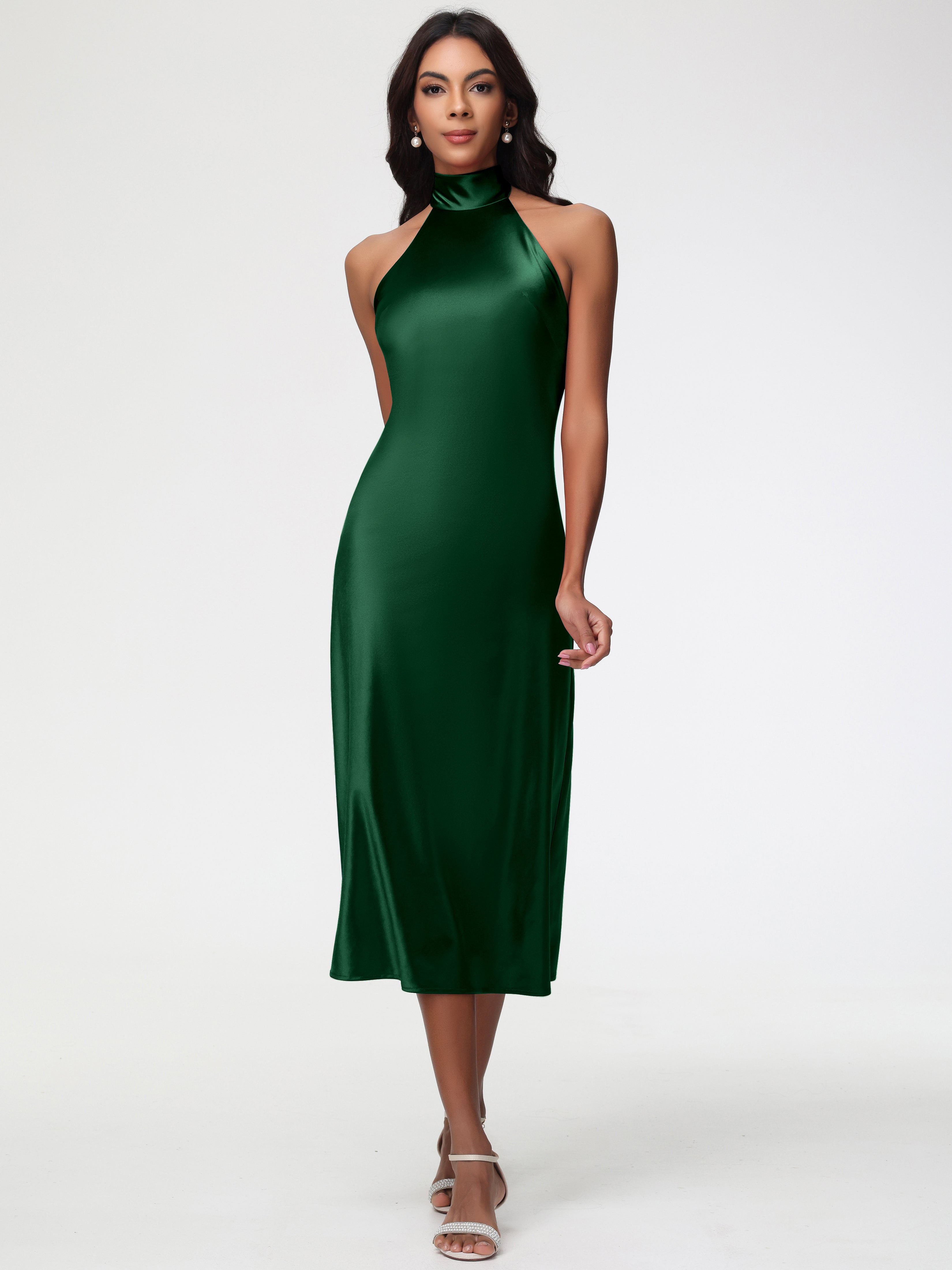 Robes De Demoiselle D'Honneur Vert Foncé Licou Satin Extensible Robe Trapèze Demoiselle D'Honneur Mi Longue