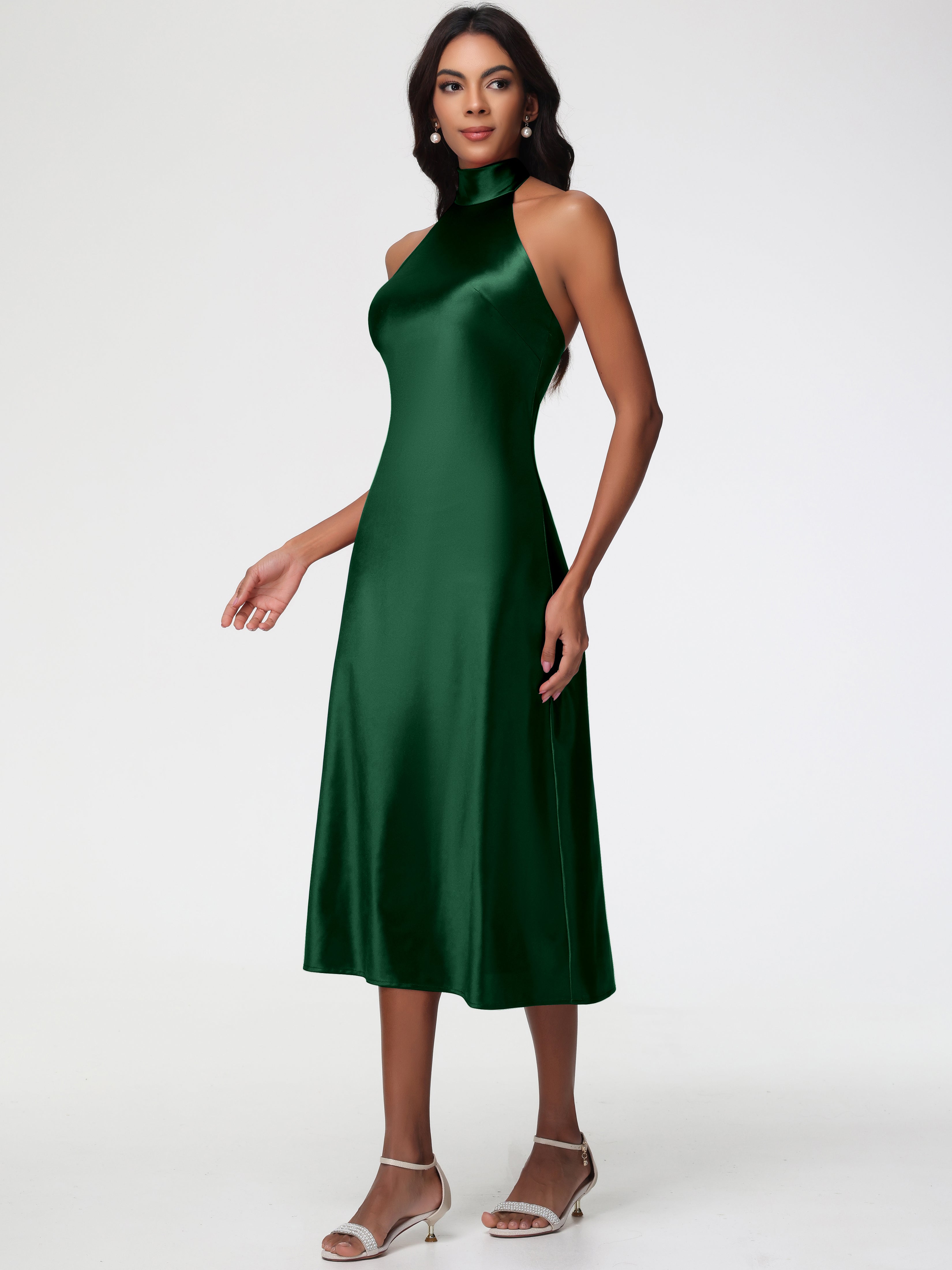 Robes De Demoiselle D'Honneur Vert Foncé Licou Satin Extensible Robe Trapèze Demoiselle D'Honneur Mi Longue