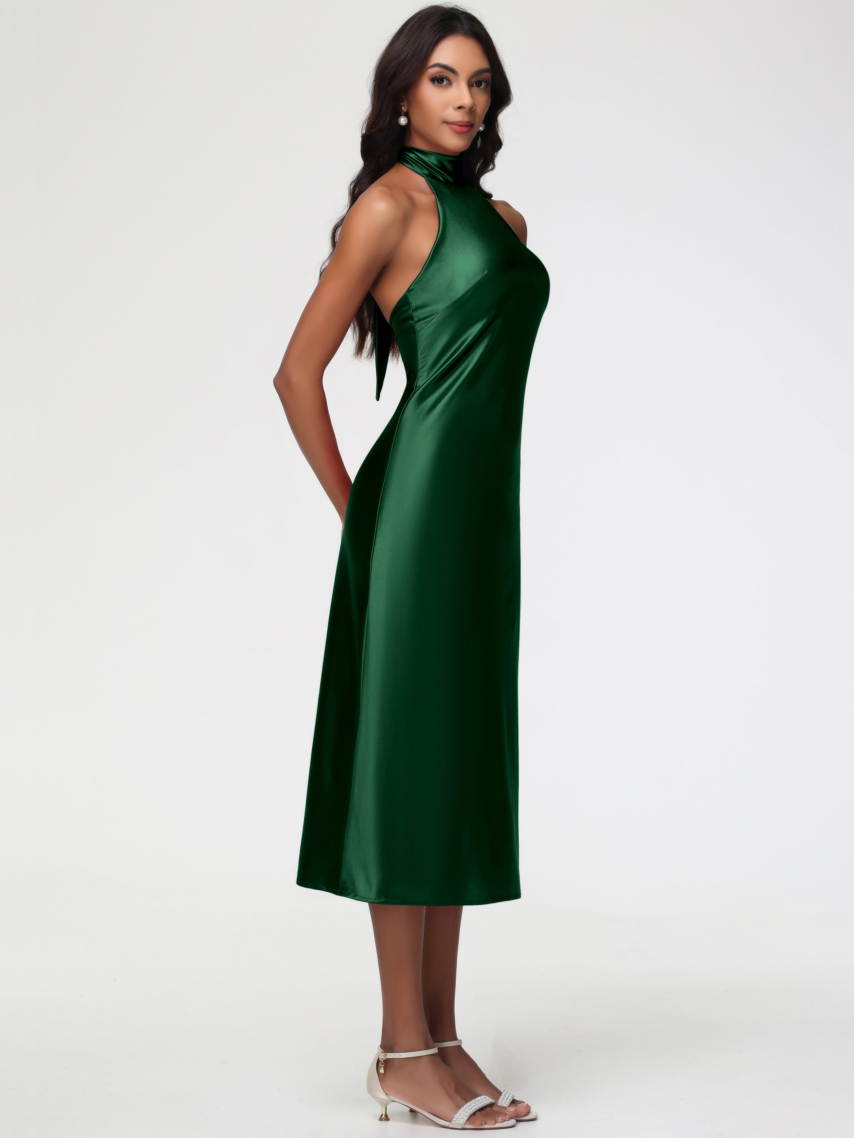 Robes De Demoiselle D'Honneur Vert Foncé Licou Satin Extensible Robe Trapèze Demoiselle D'Honneur Mi Longue