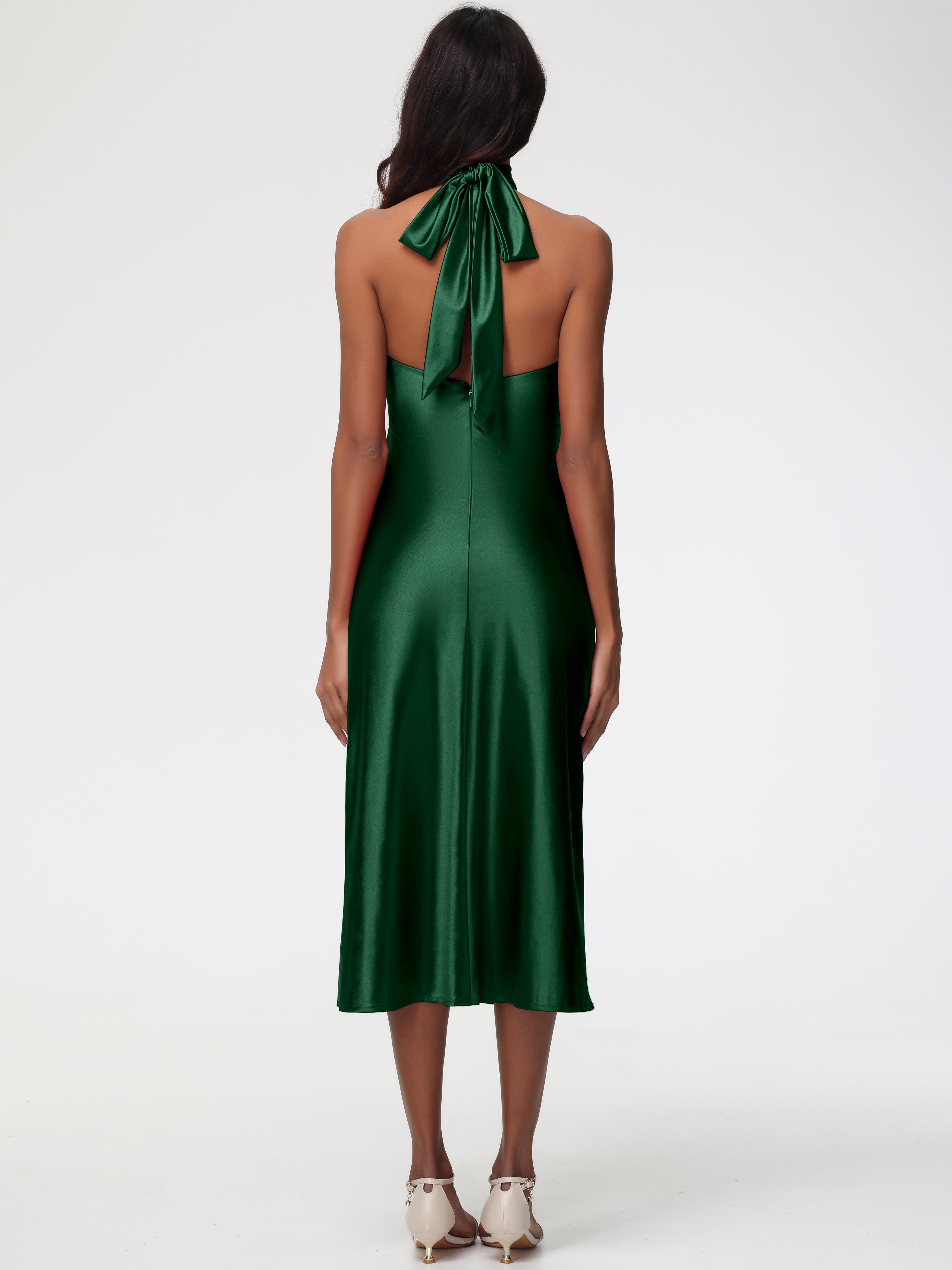 Robes De Demoiselle D'Honneur Vert Foncé Licou Satin Extensible Robe Trapèze Demoiselle D'Honneur Mi Longue