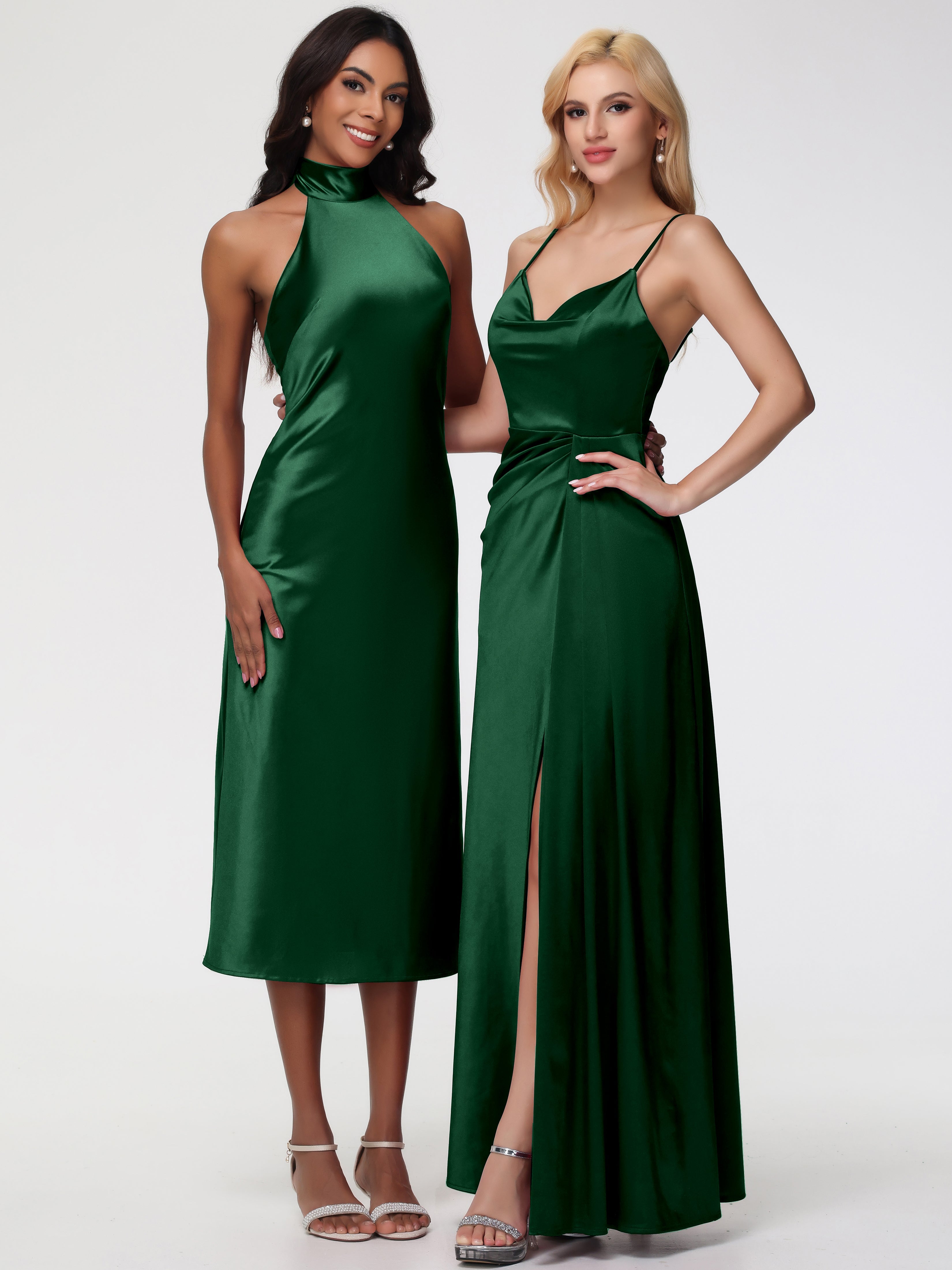 Robes De Demoiselle D'Honneur Vert Foncé Licou Satin Extensible Robe Trapèze Demoiselle D'Honneur Mi Longue