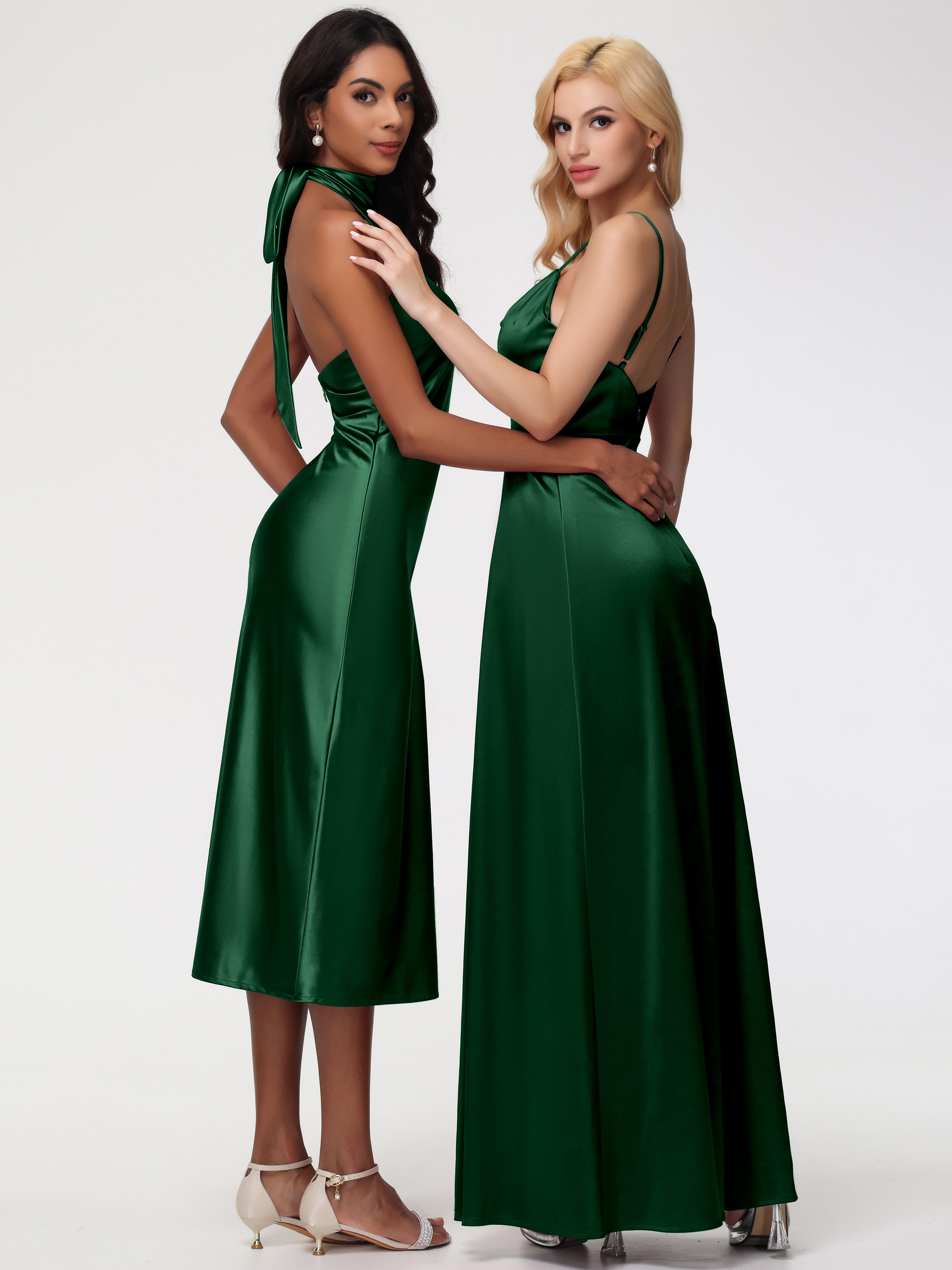 Robes De Demoiselle D'Honneur Vert Foncé Licou Satin Extensible Robe Trapèze Demoiselle D'Honneur Mi Longue