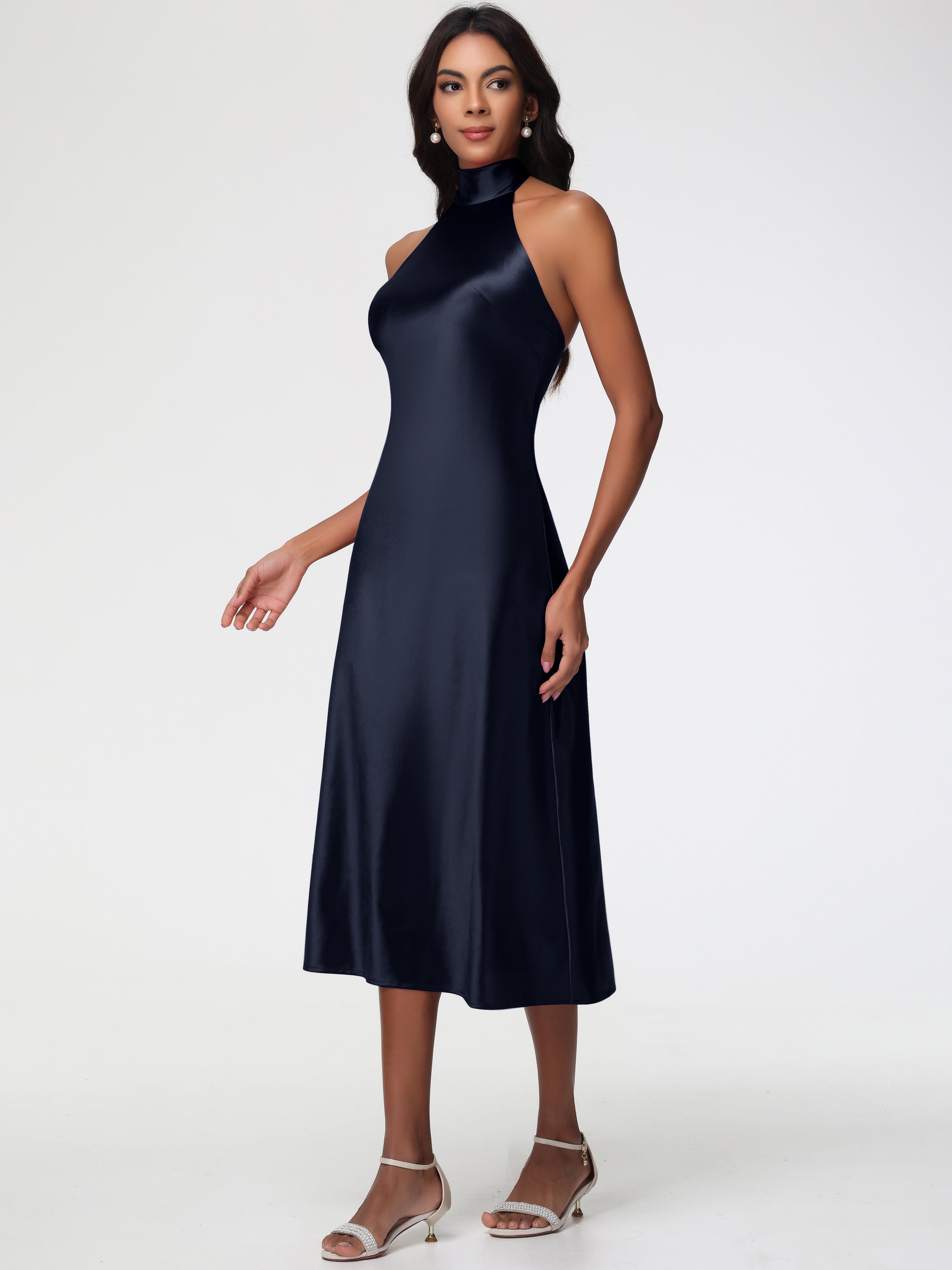 Robes De Demoiselle D'Honneur Bleu Marine Modestes Licou Satin Extensible Robe Trapèze Demoiselle D'Honneur Mi Longue