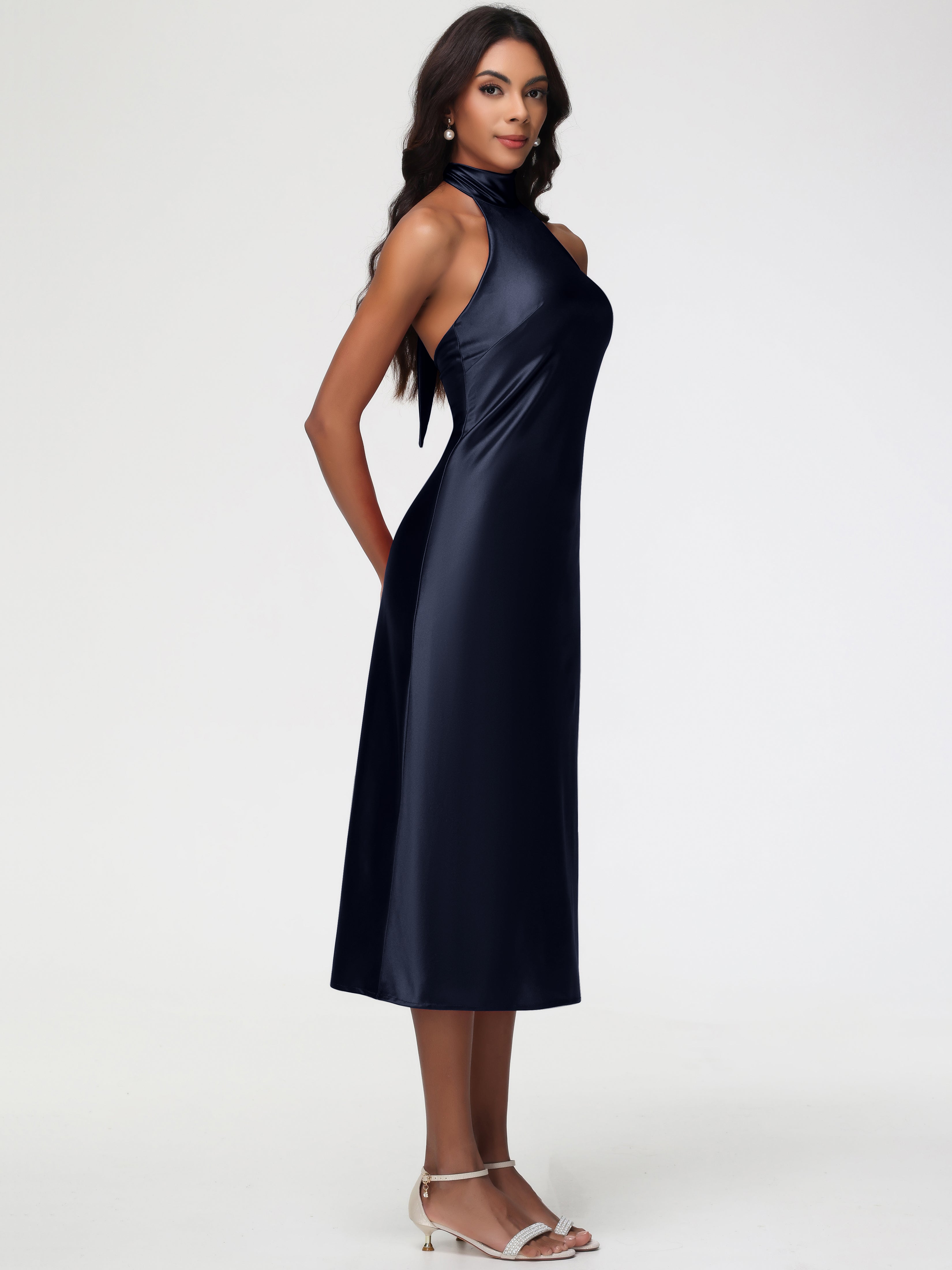 Robes De Demoiselle D'Honneur Bleu Marine Modestes Licou Satin Extensible Robe Trapèze Demoiselle D'Honneur Mi Longue