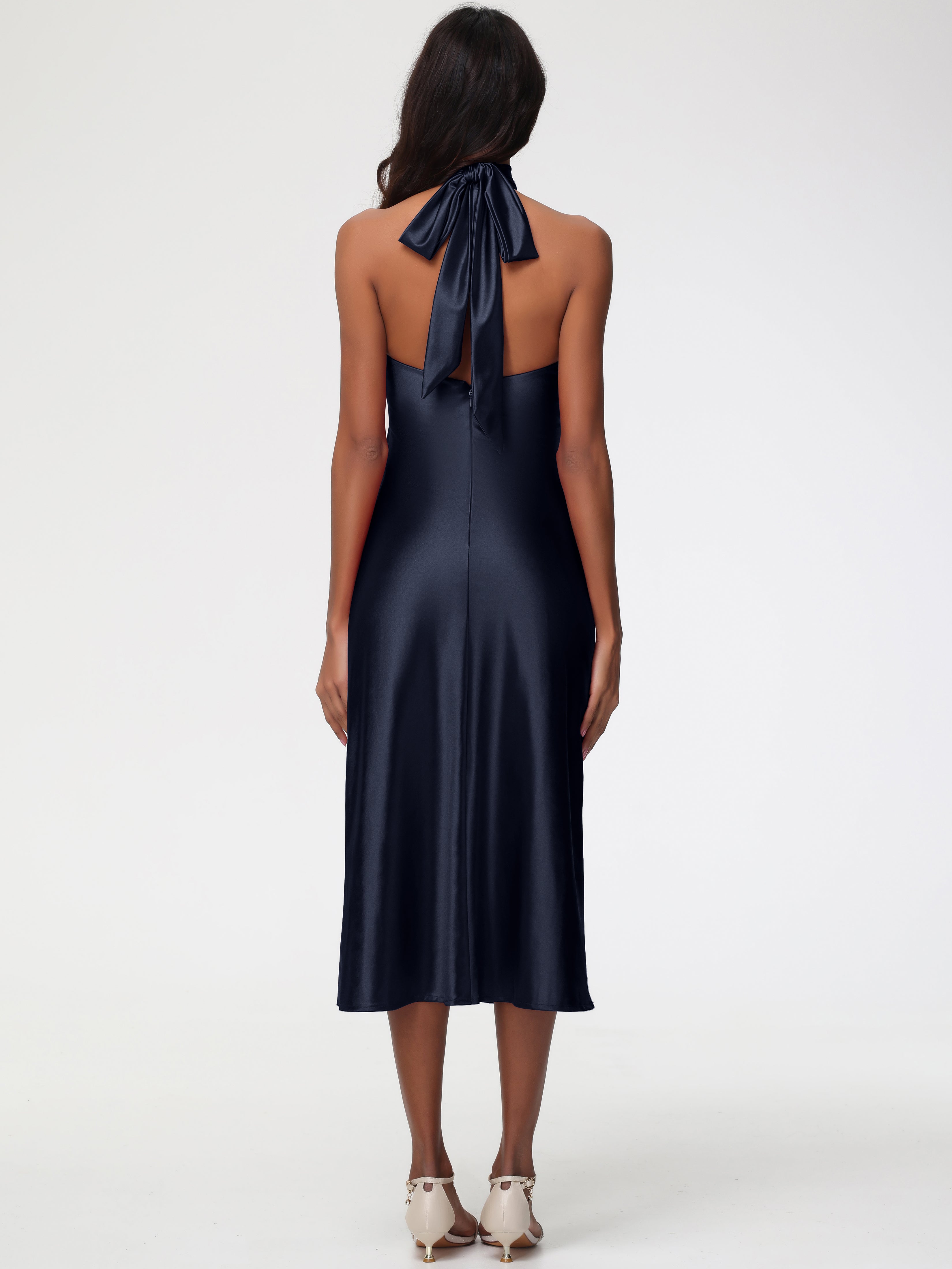Robes De Demoiselle D'Honneur Bleu Marine Modestes Licou Satin Extensible Robe Trapèze Demoiselle D'Honneur Mi Longue