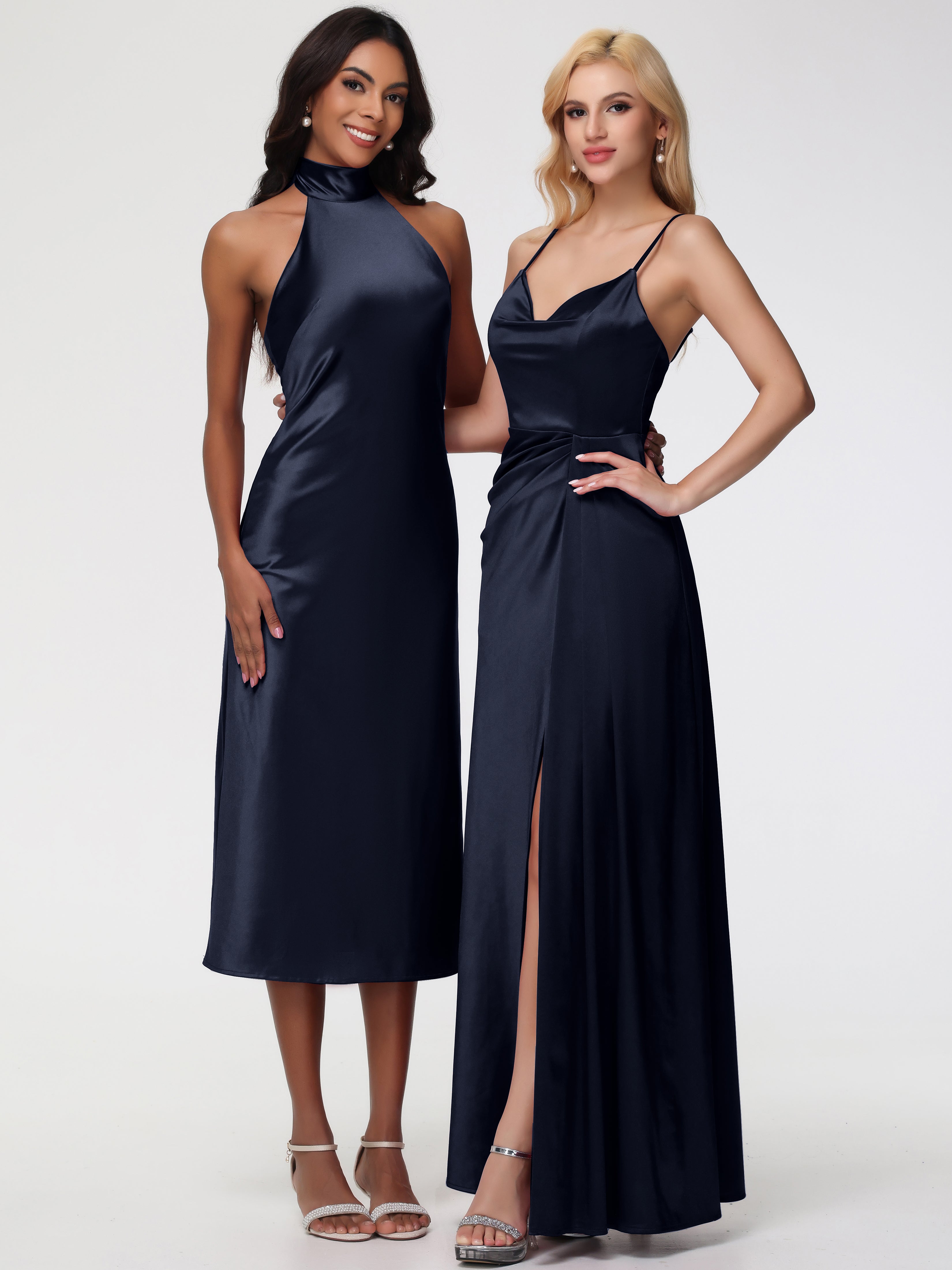 Robes De Demoiselle D'Honneur Bleu Marine Modestes Licou Satin Extensible Robe Trapèze Demoiselle D'Honneur Mi Longue