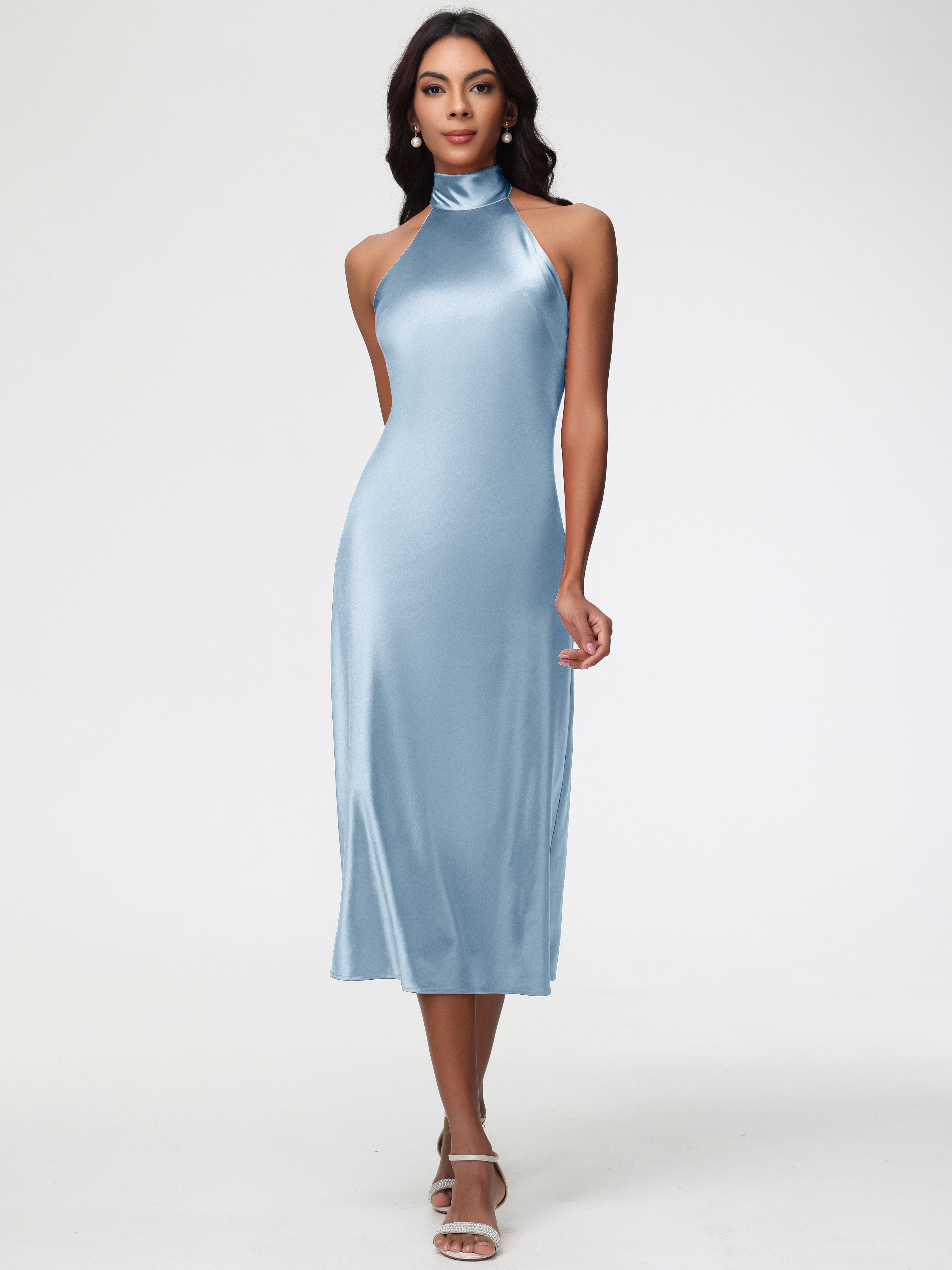 Robes De Demoiselle D'Honneur Bleu Poussiéreux Licou Satin Extensible Robe Trapèze Demoiselle D'Honneur Mi Longue
