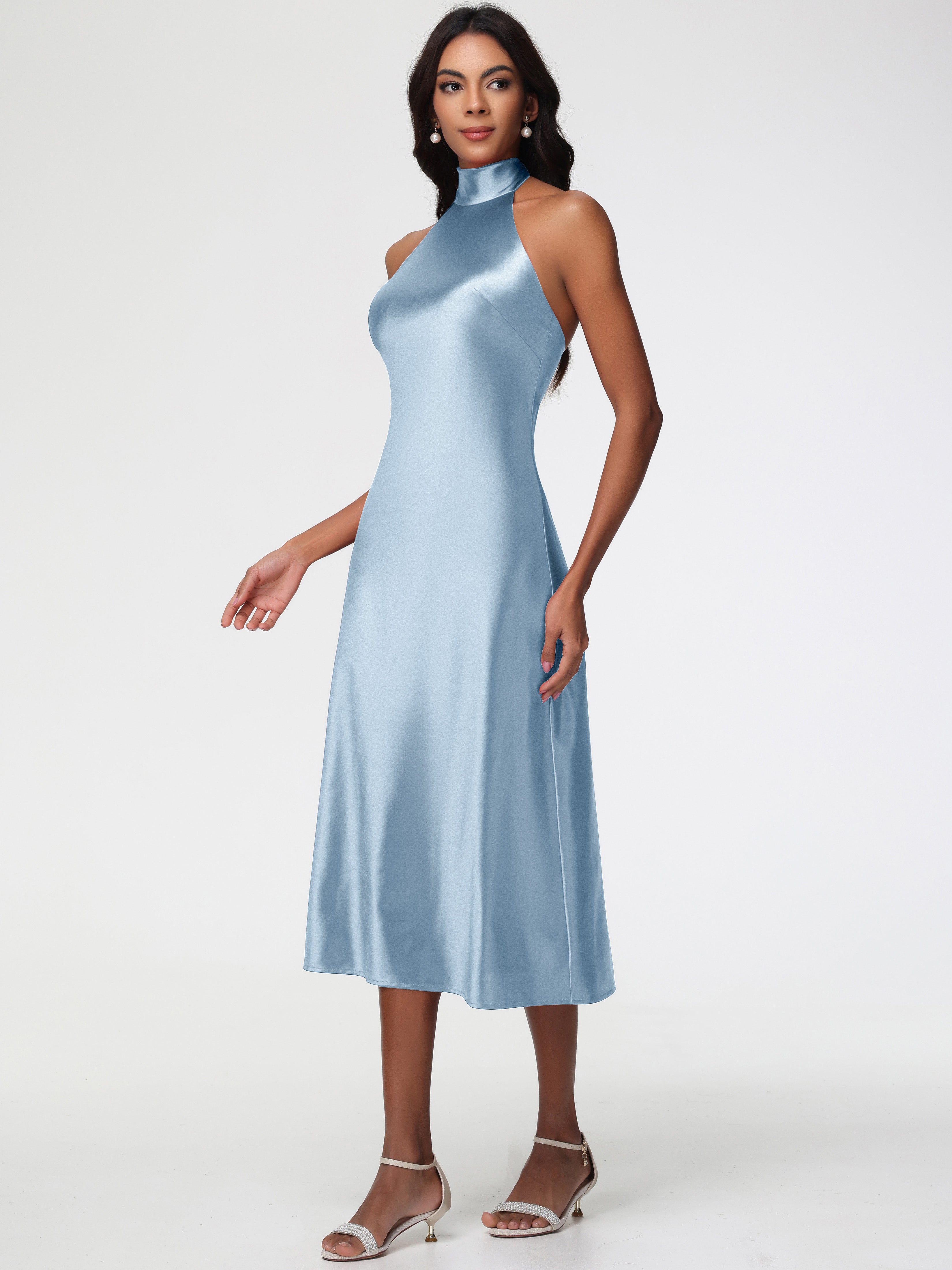 Robes De Demoiselle D'Honneur Bleu Poussiéreux Licou Satin Extensible Robe Trapèze Demoiselle D'Honneur Mi Longue