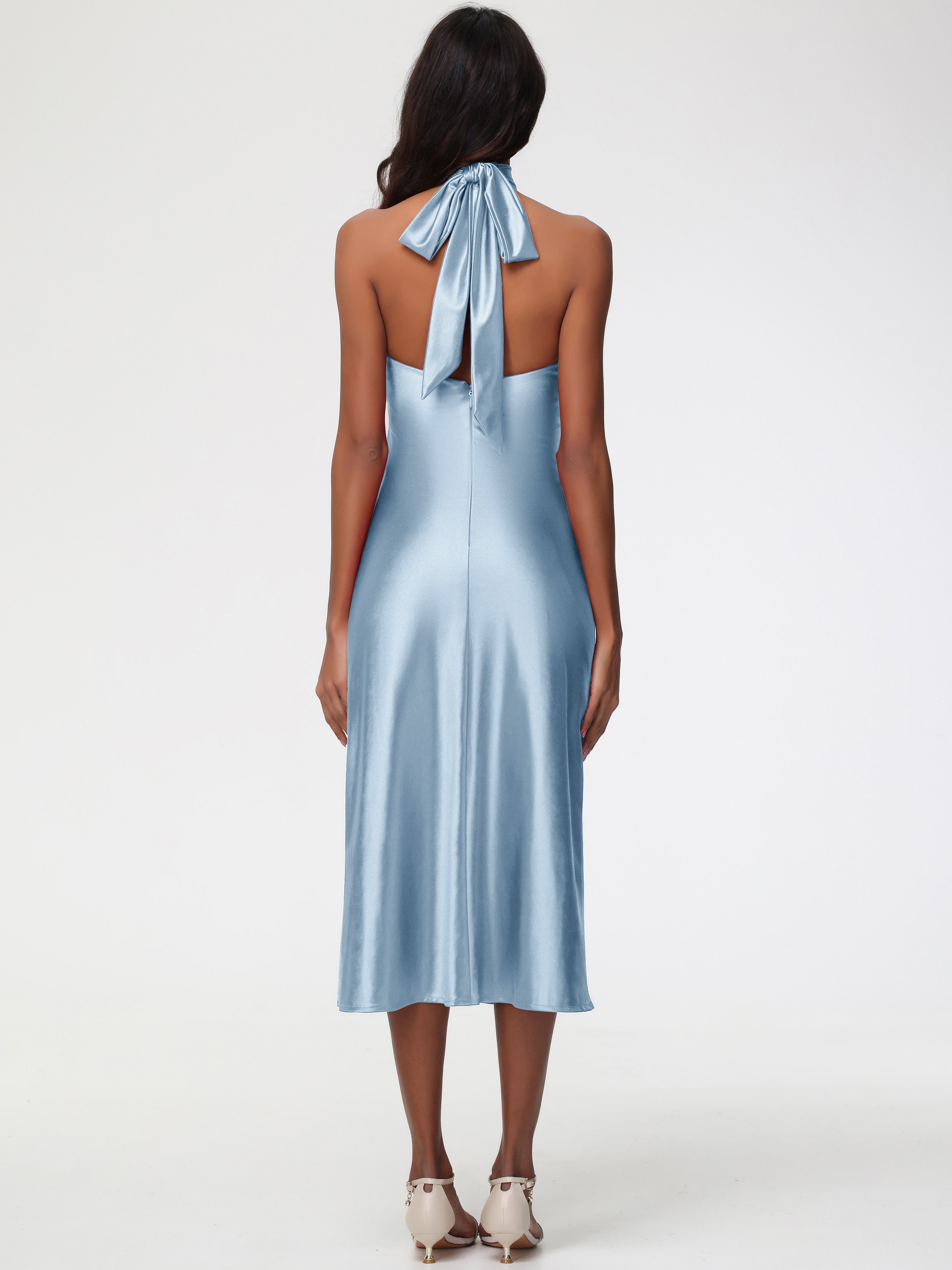 Robes De Demoiselle D'Honneur Bleu Poussiéreux Licou Satin Extensible Robe Trapèze Demoiselle D'Honneur Mi Longue