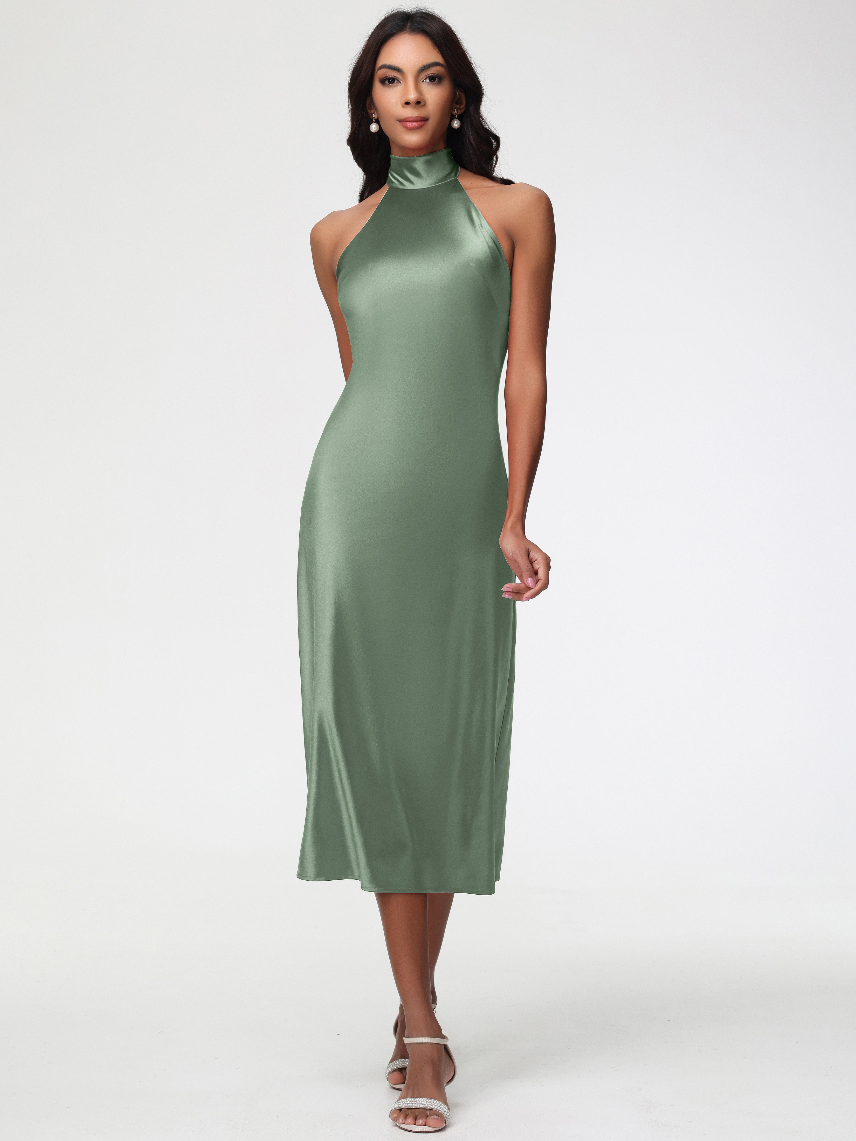 Robes Pour Demoiselles D Honneur Robe Vert Sauge Licou Satin Extensible Robe Trapèze Demoiselle D'Honneur Mi Longue