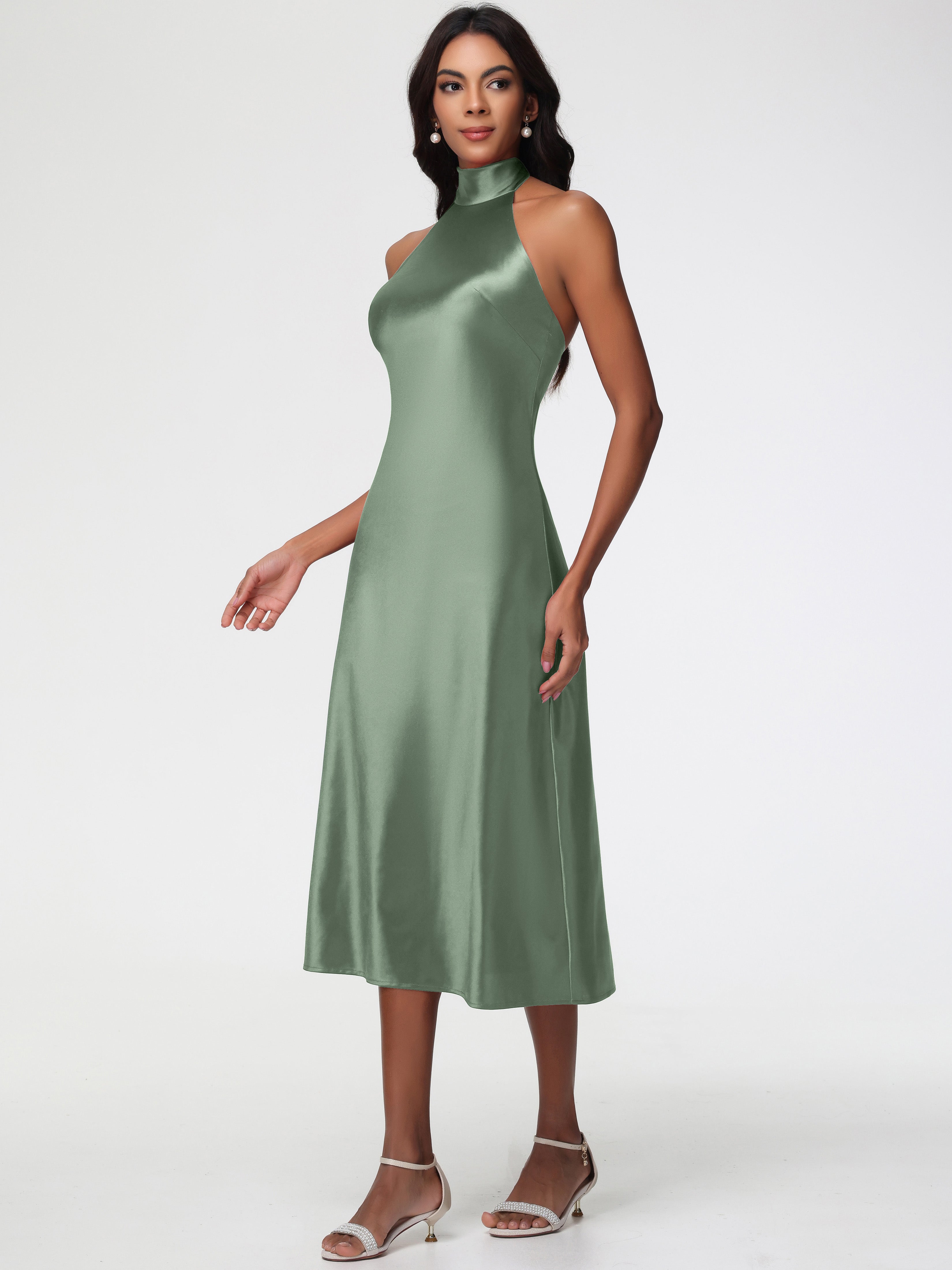 Robes Pour Demoiselles D Honneur Robe Vert Sauge Licou Satin Extensible Robe Trapèze Demoiselle D'Honneur Mi Longue