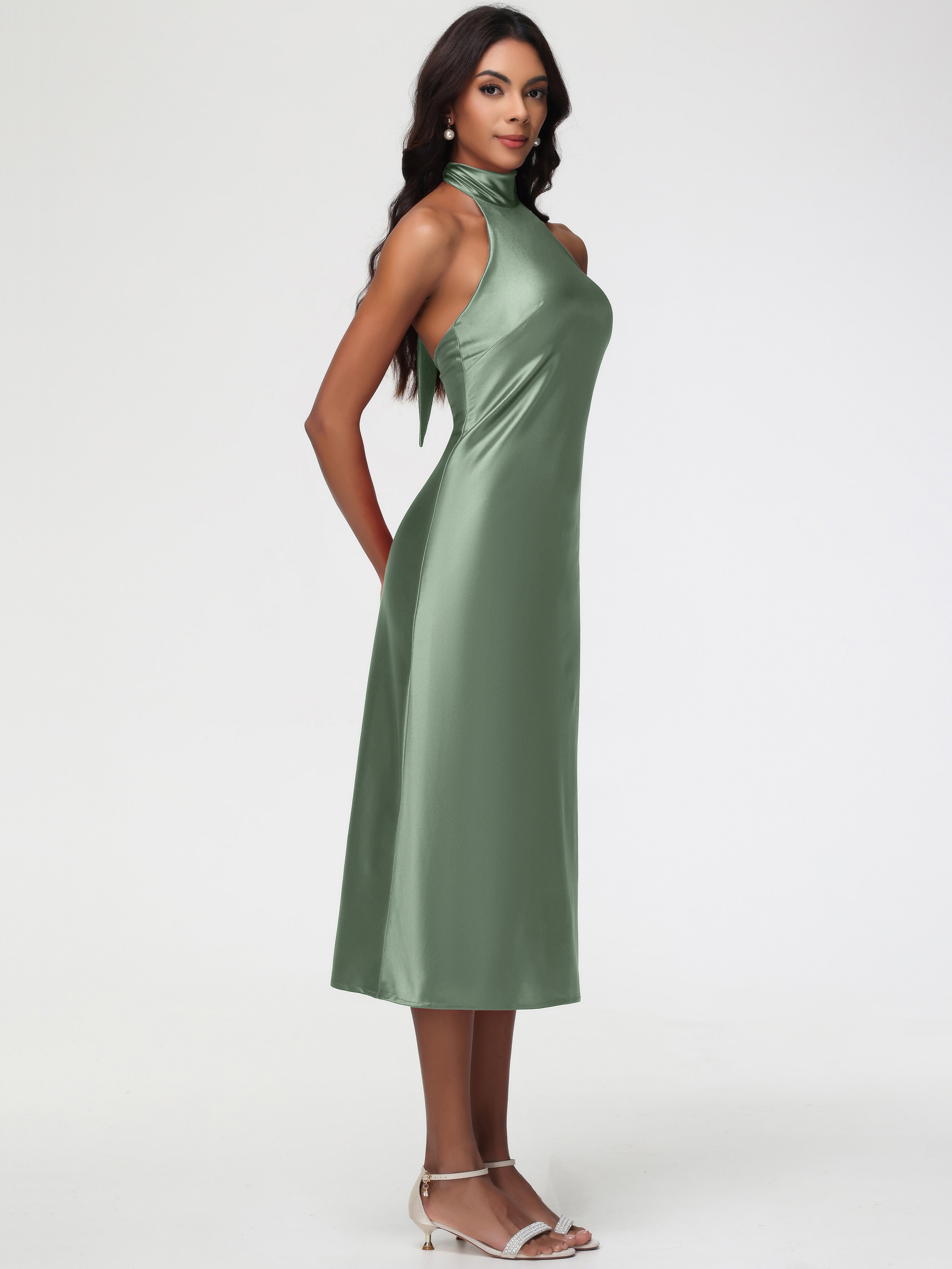 Robes Pour Demoiselles D Honneur Robe Vert Sauge Licou Satin Extensible Robe Trapèze Demoiselle D'Honneur Mi Longue