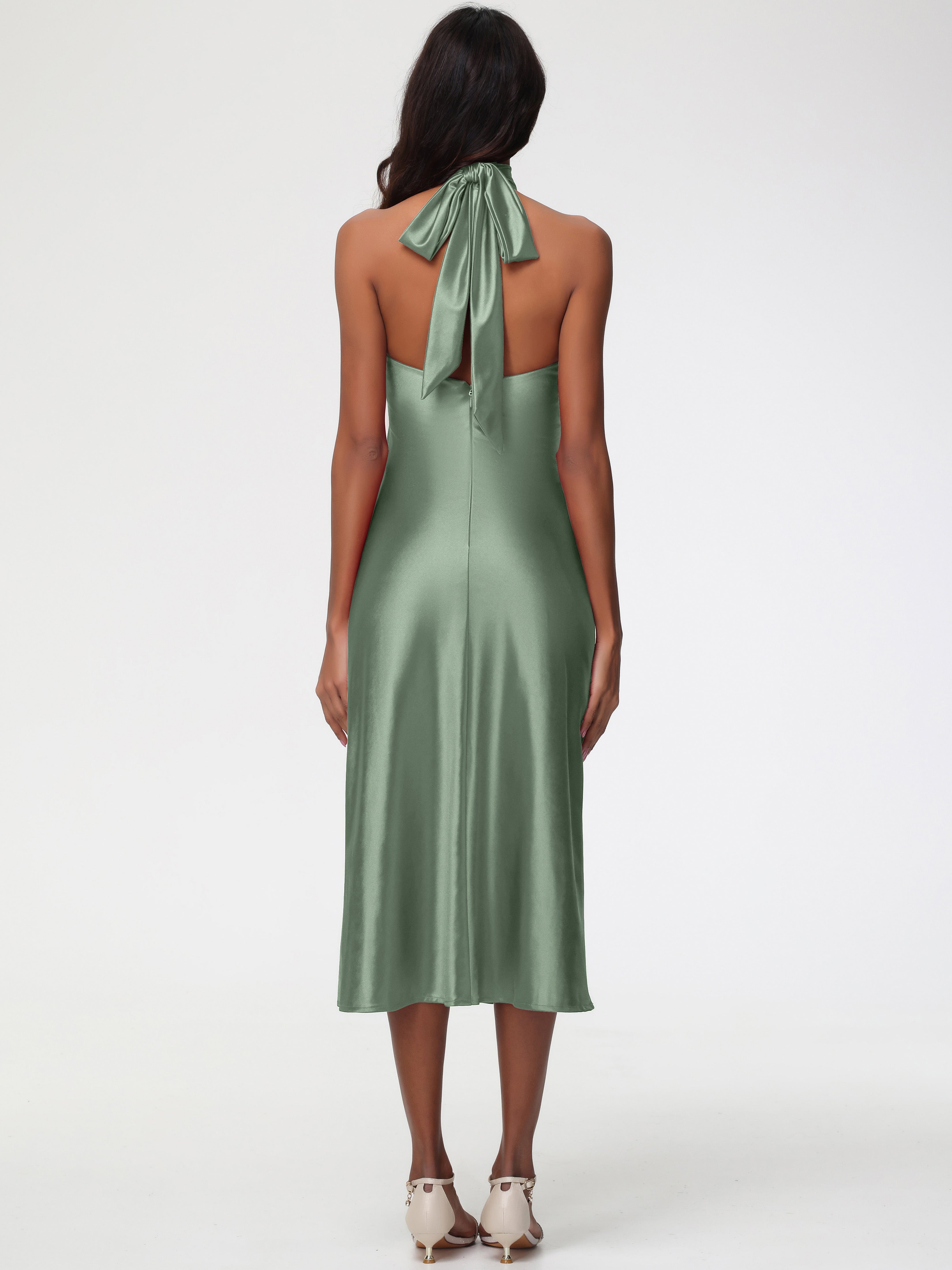 Robes Pour Demoiselles D Honneur Robe Vert Sauge Licou Satin Extensible Robe Trapèze Demoiselle D'Honneur Mi Longue