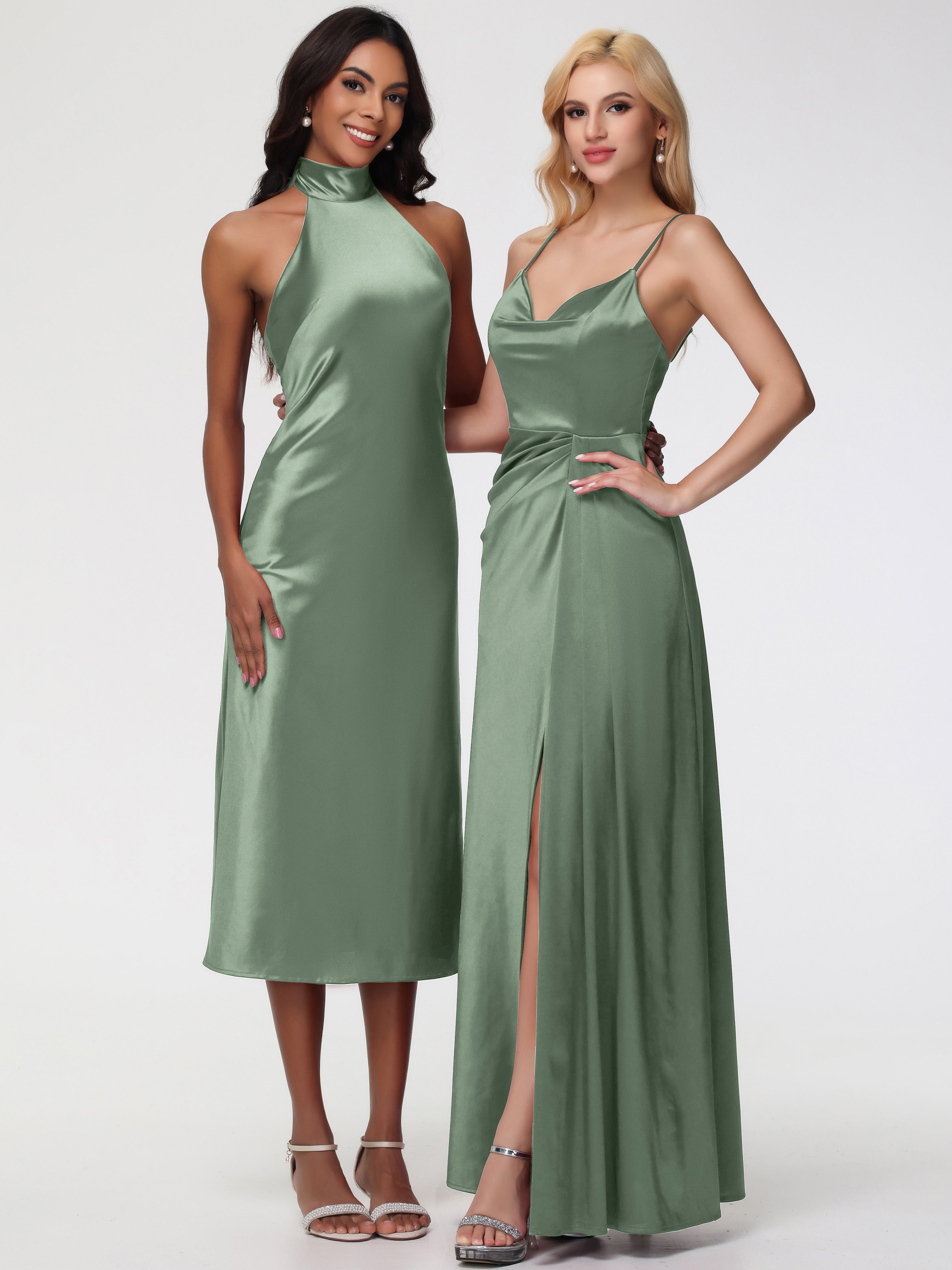 Robes Pour Demoiselles D Honneur Robe Vert Sauge Licou Satin Extensible Robe Trapèze Demoiselle D'Honneur Mi Longue