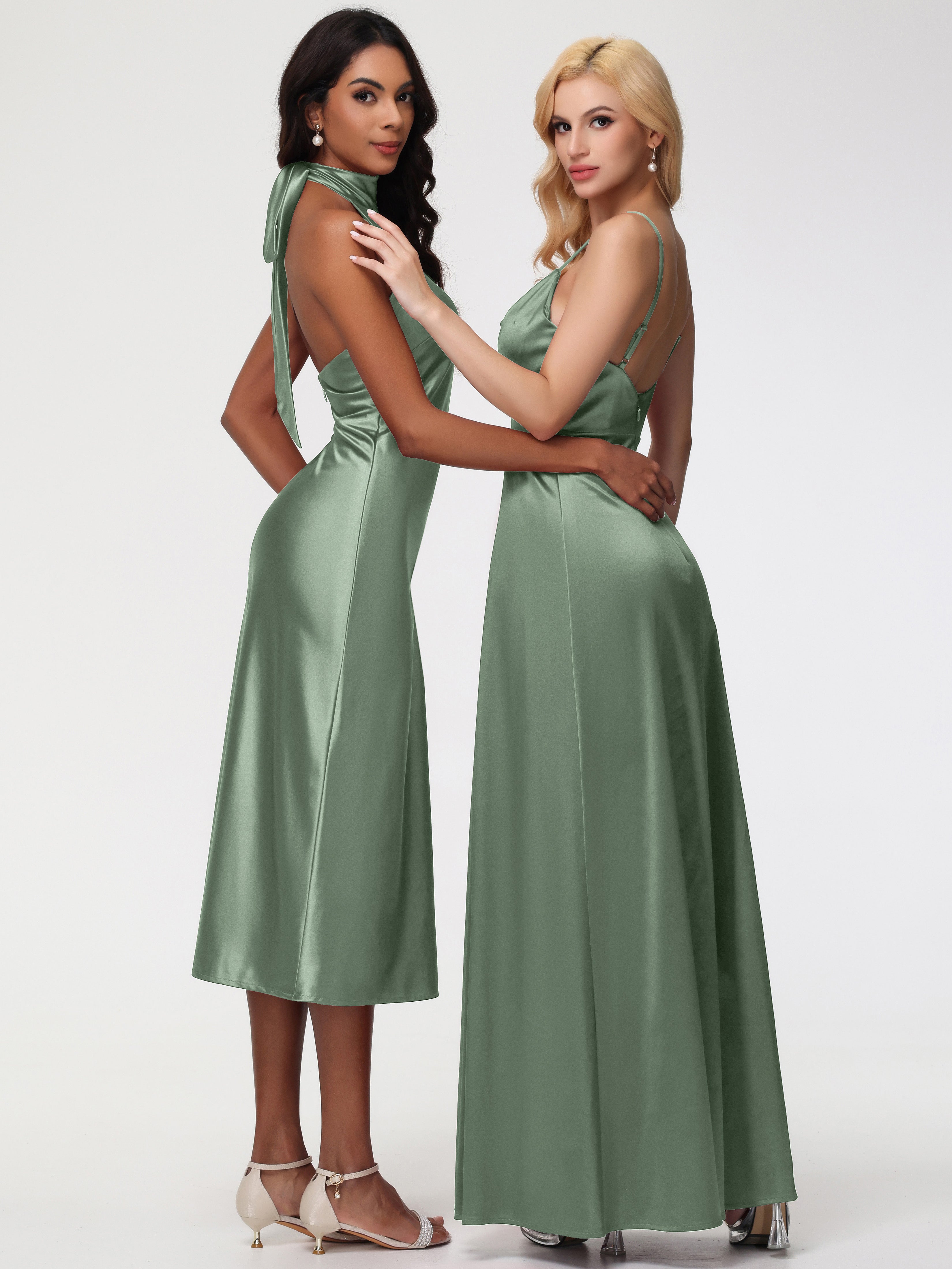 Robes Pour Demoiselles D Honneur Robe Vert Sauge Licou Satin Extensible Robe Trapèze Demoiselle D'Honneur Mi Longue