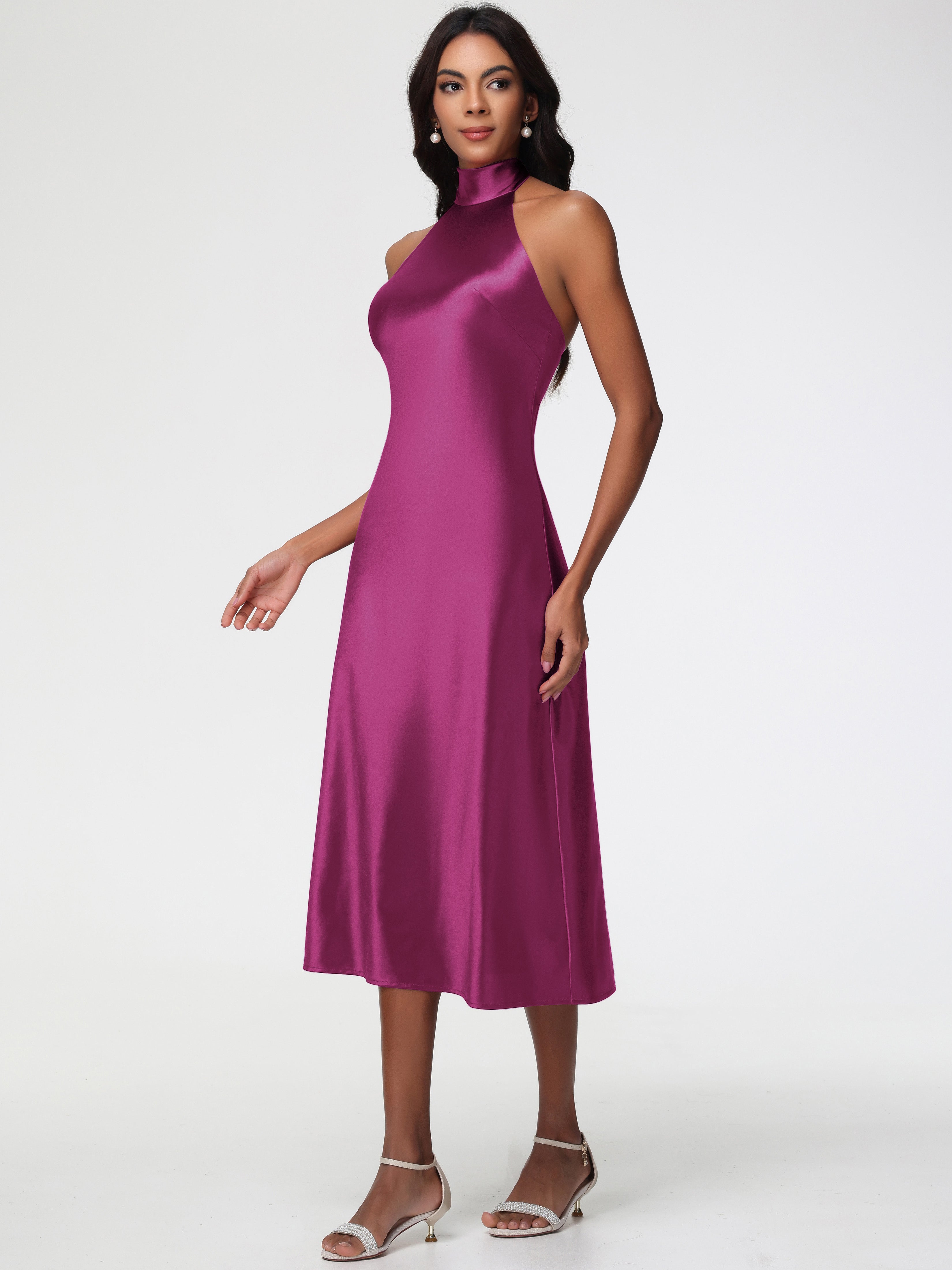 Robe De Demoiselle D Honneur Fuchsia Licou Satin Extensible Robe Trapèze Demoiselle D'Honneur Mi Longue