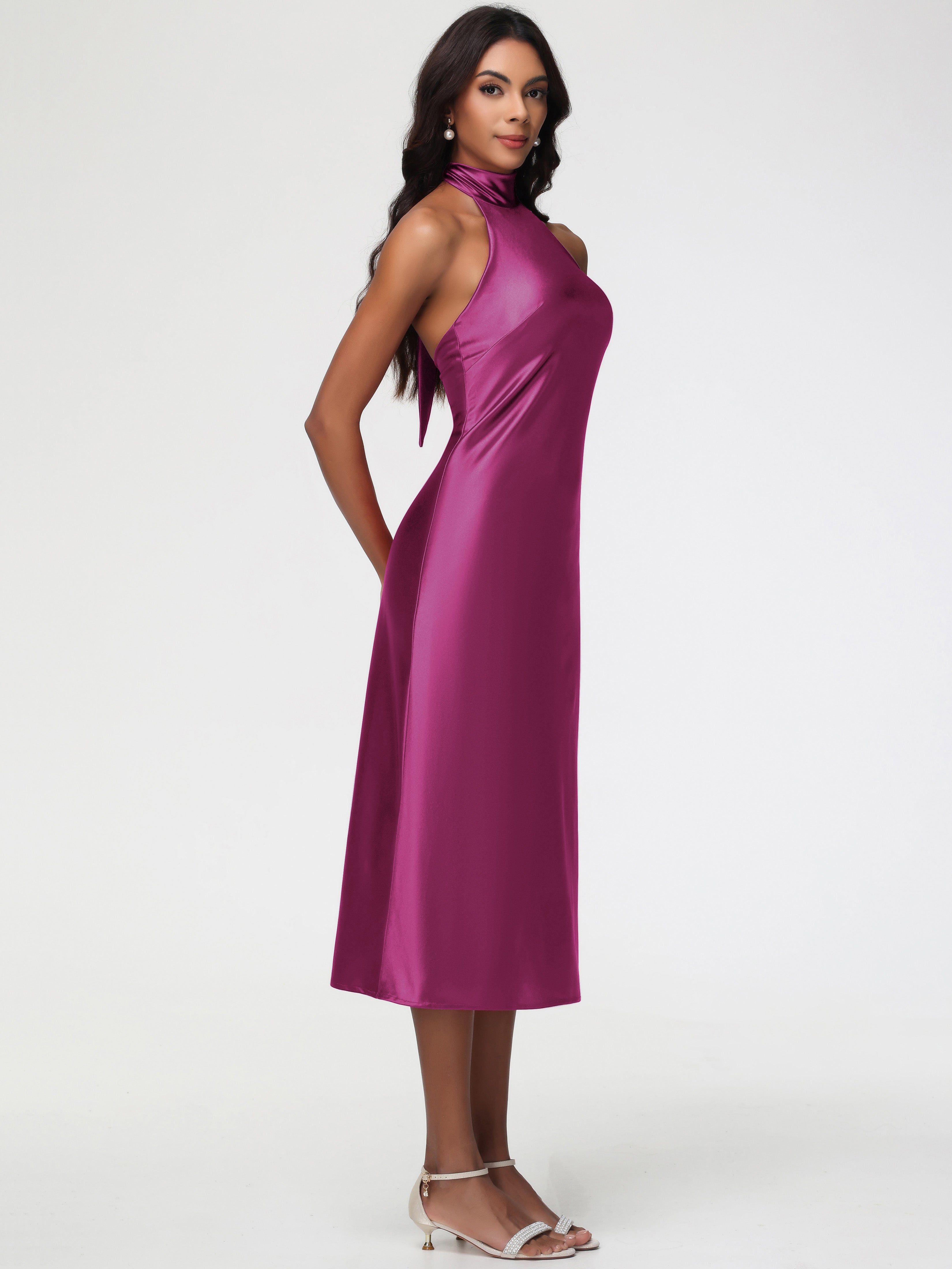 Robe De Demoiselle D Honneur Fuchsia Licou Satin Extensible Robe Trapèze Demoiselle D'Honneur Mi Longue