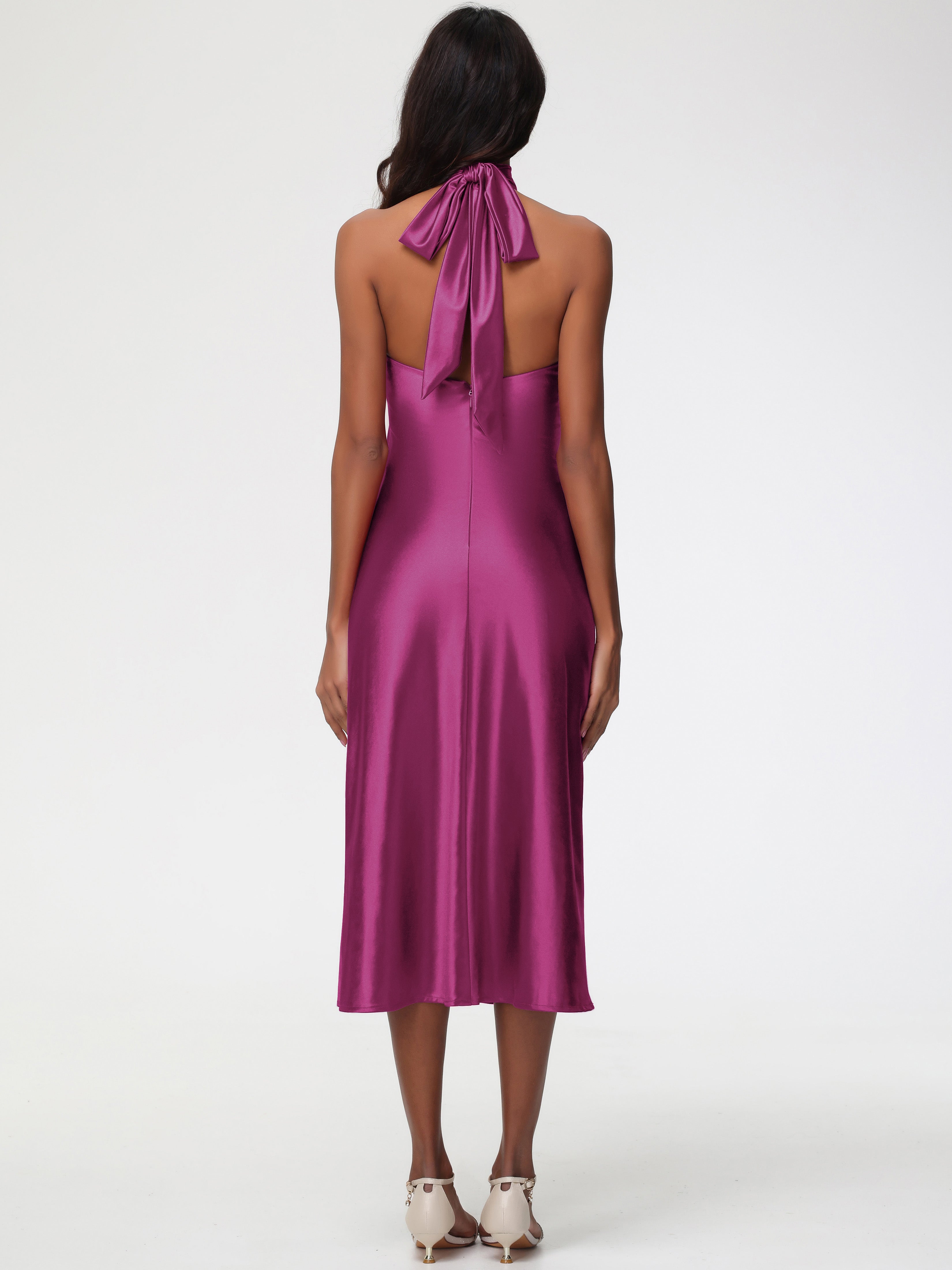 Robe De Demoiselle D Honneur Fuchsia Licou Satin Extensible Robe Trapèze Demoiselle D'Honneur Mi Longue