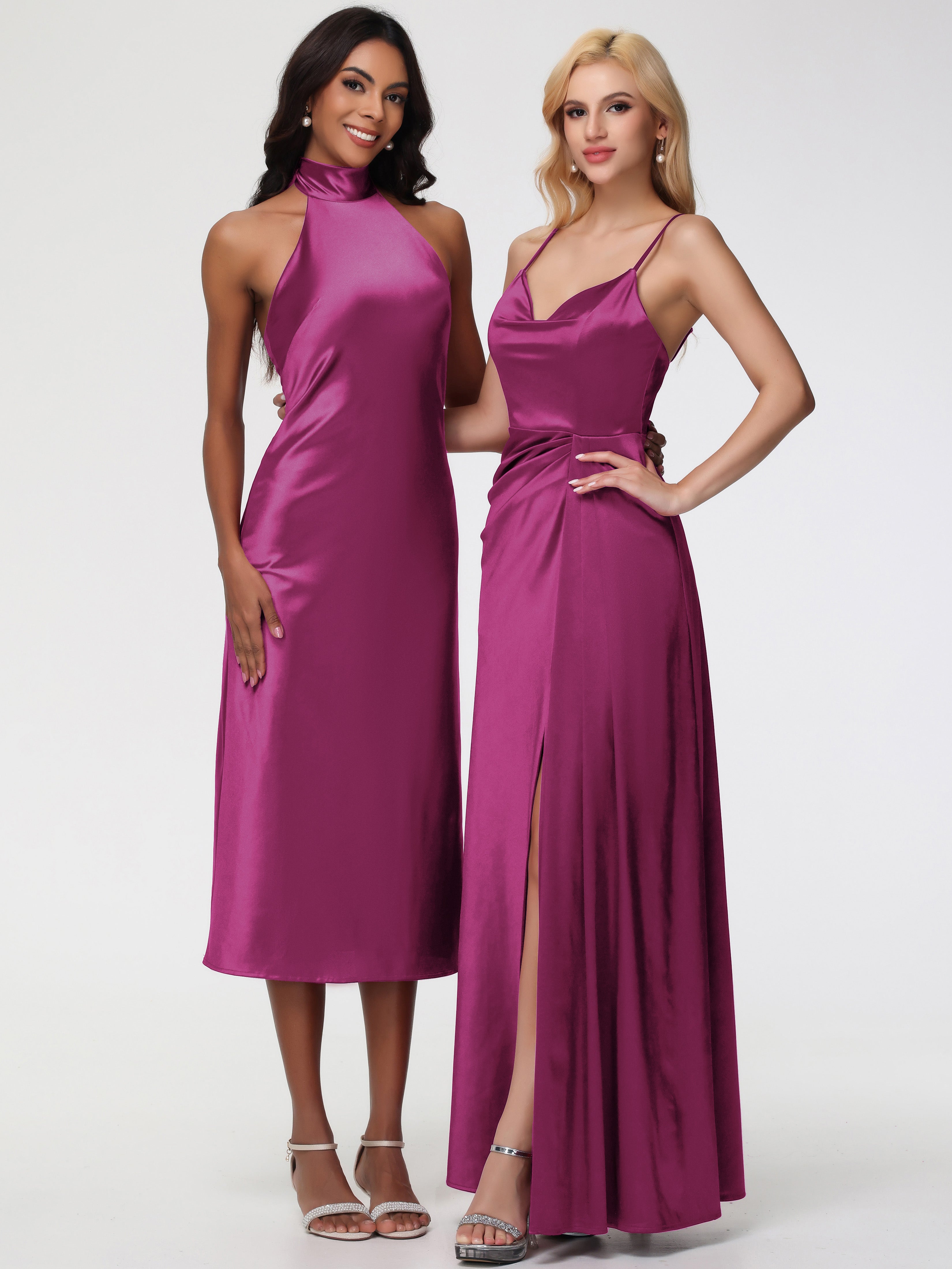Robe De Demoiselle D Honneur Fuchsia Licou Satin Extensible Robe Trapèze Demoiselle D'Honneur Mi Longue