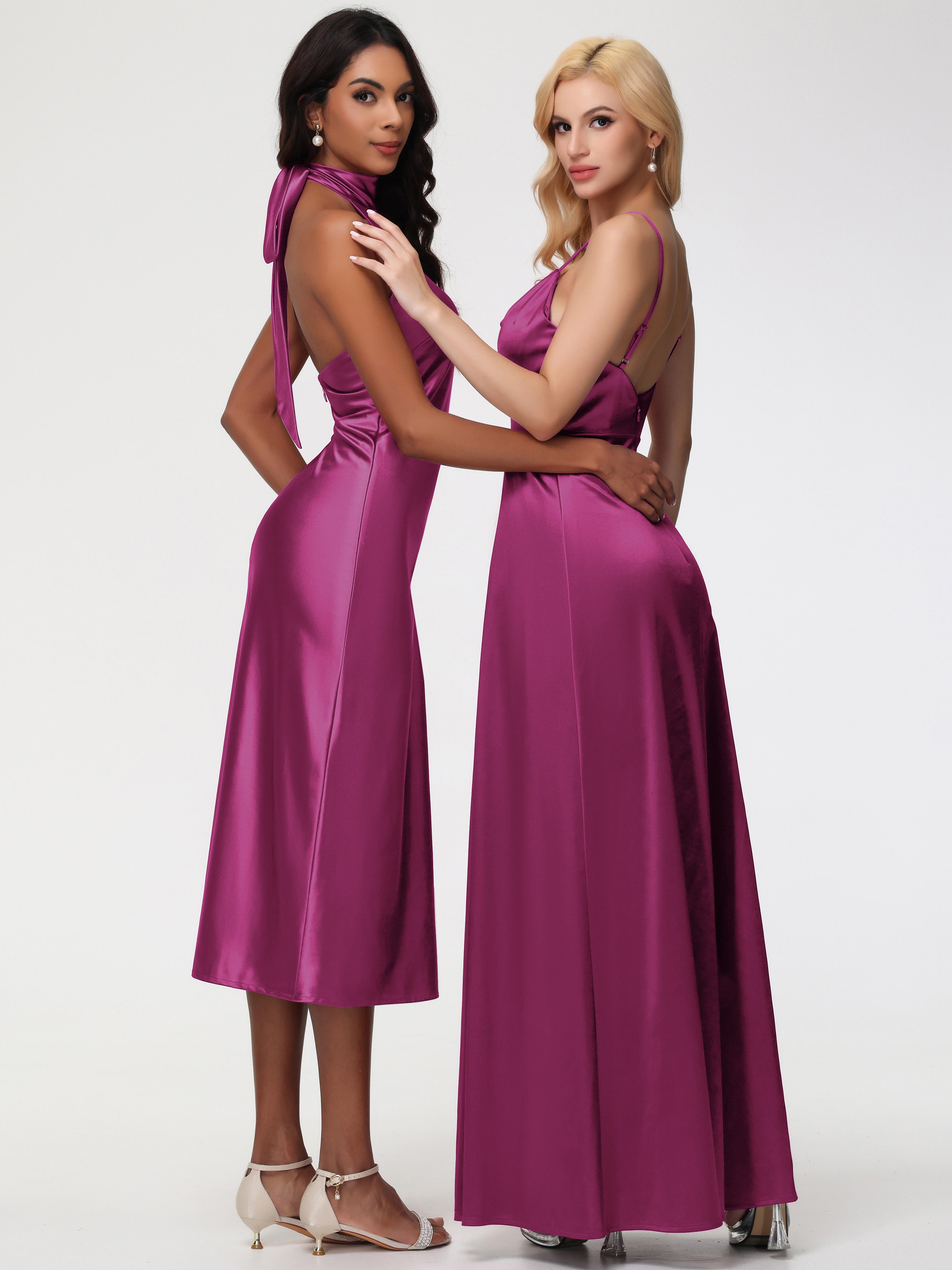 Robe De Demoiselle D Honneur Fuchsia Licou Satin Extensible Robe Trapèze Demoiselle D'Honneur Mi Longue