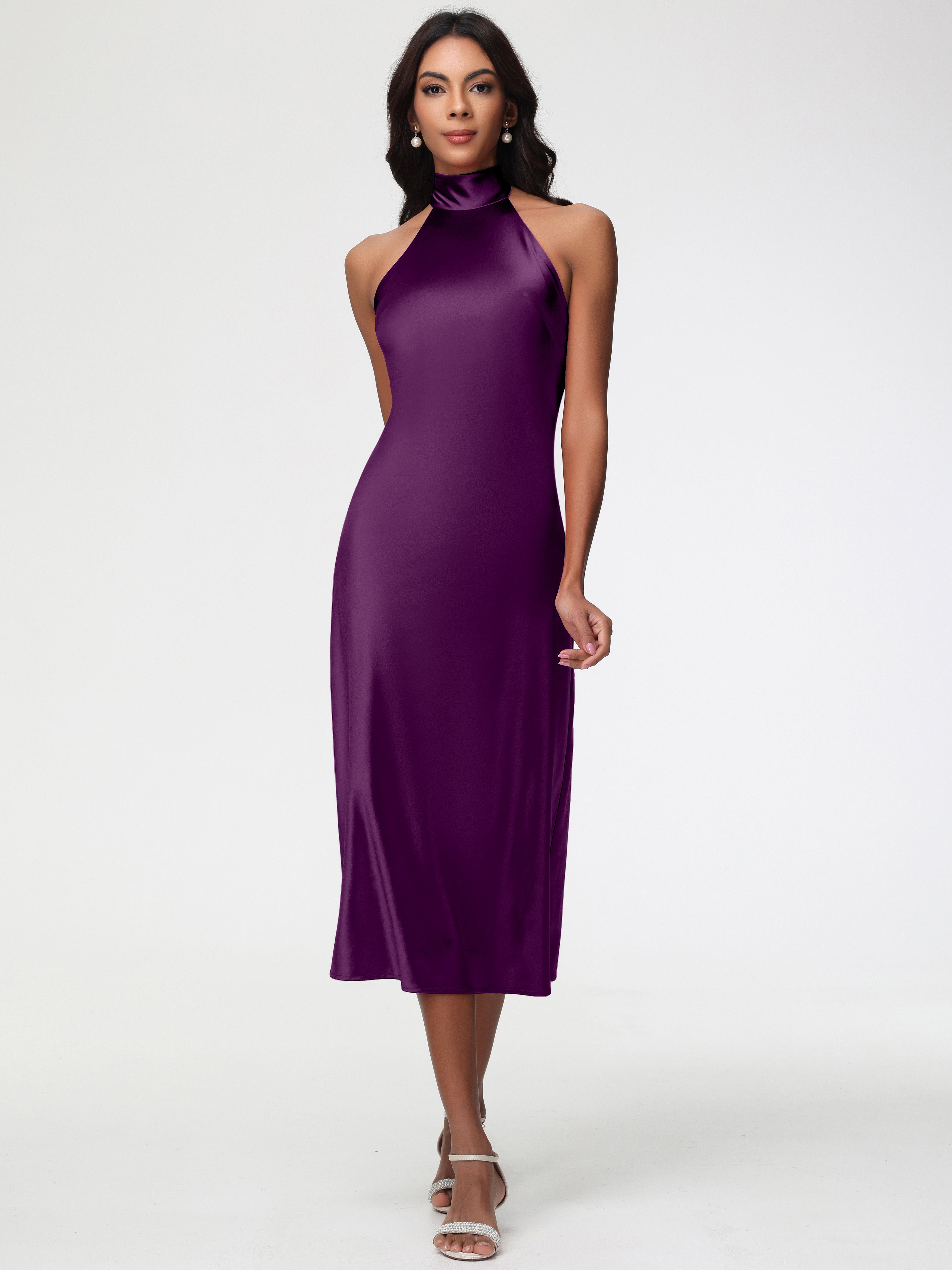 Robes De Demoiselle D'Honneur En Raisin Licou Satin Extensible Robe Trapèze Demoiselle D'Honneur Mi Longue