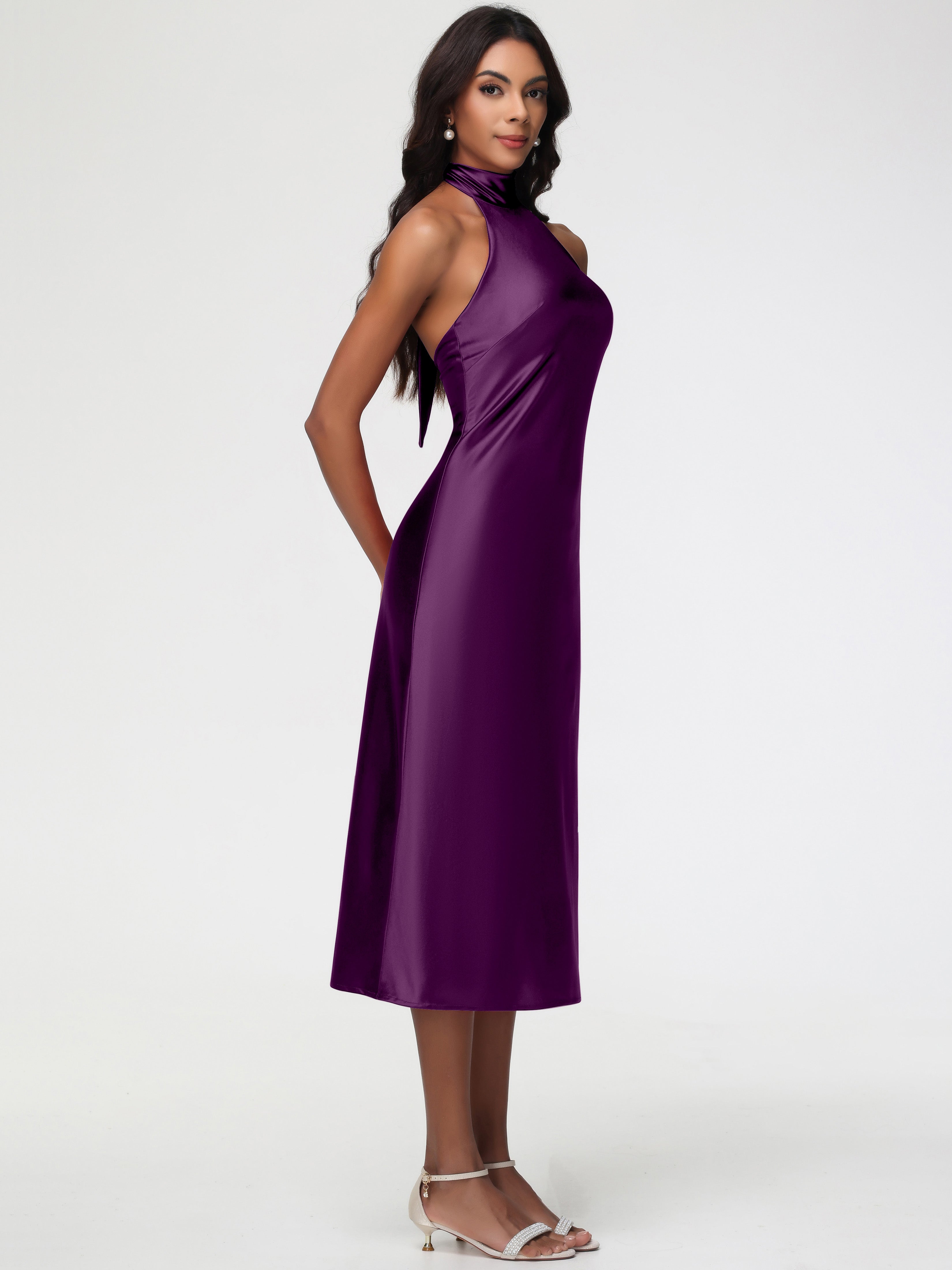 Robes De Demoiselle D'Honneur En Raisin Licou Satin Extensible Robe Trapèze Demoiselle D'Honneur Mi Longue