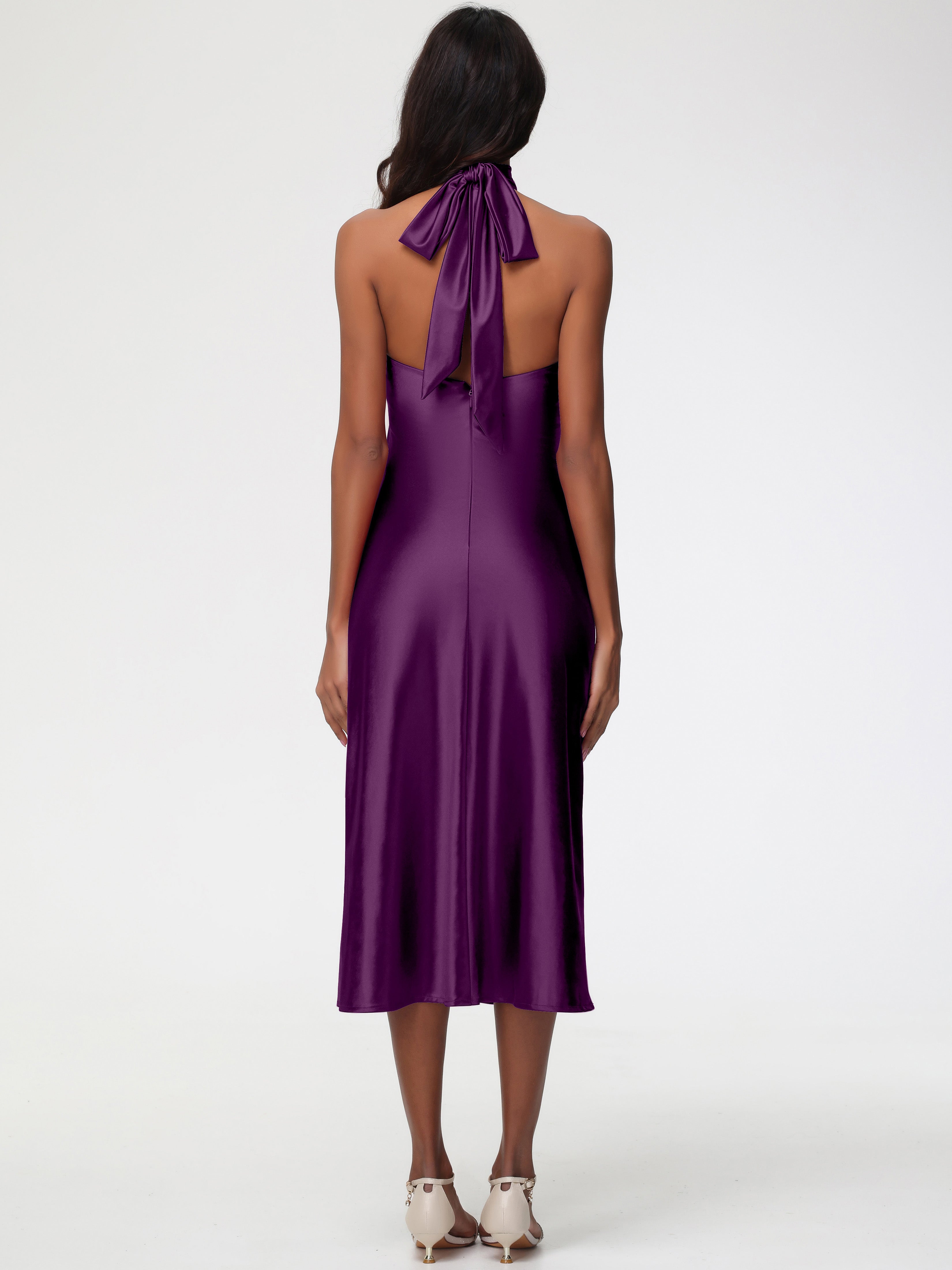 Robes De Demoiselle D'Honneur En Raisin Licou Satin Extensible Robe Trapèze Demoiselle D'Honneur Mi Longue